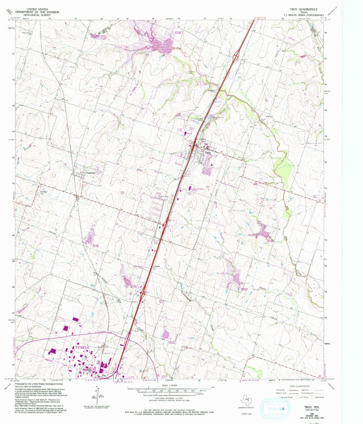 Classic USGS Troy Texas 7.5'x7.5' Topo Map Image