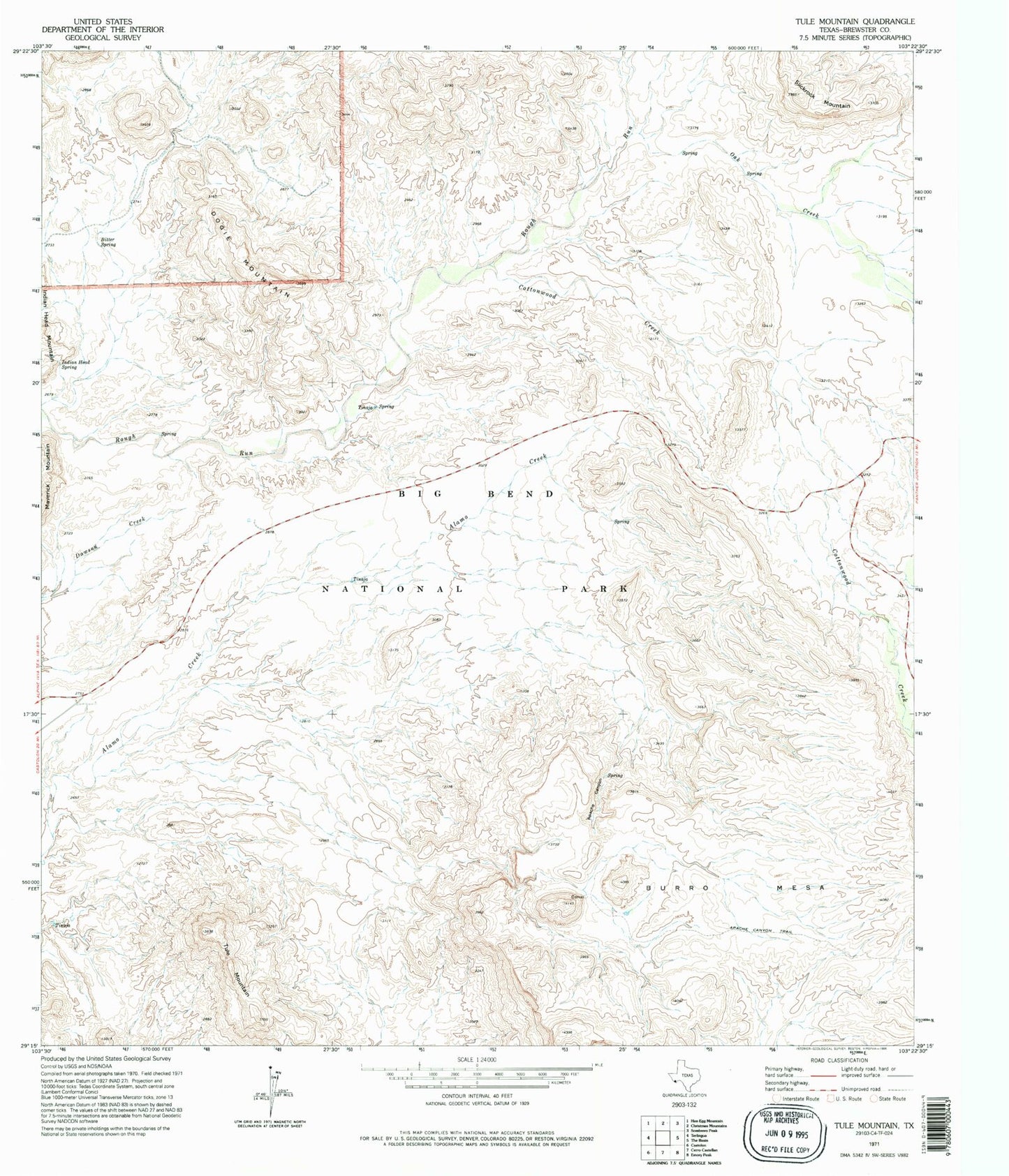 Classic USGS Tule Mountain Texas 7.5'x7.5' Topo Map Image