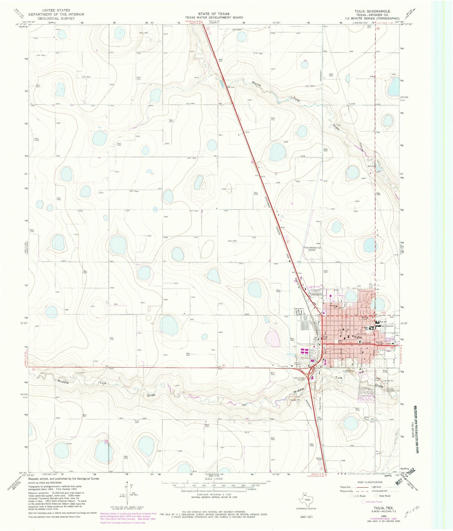 Classic USGS Tulia Texas 7.5'x7.5' Topo Map Image