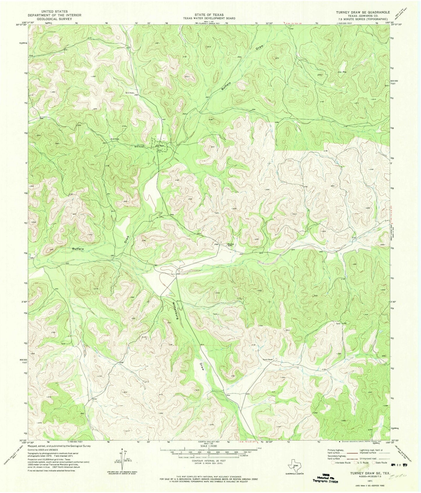 Classic USGS Turney Draw SE Texas 7.5'x7.5' Topo Map Image