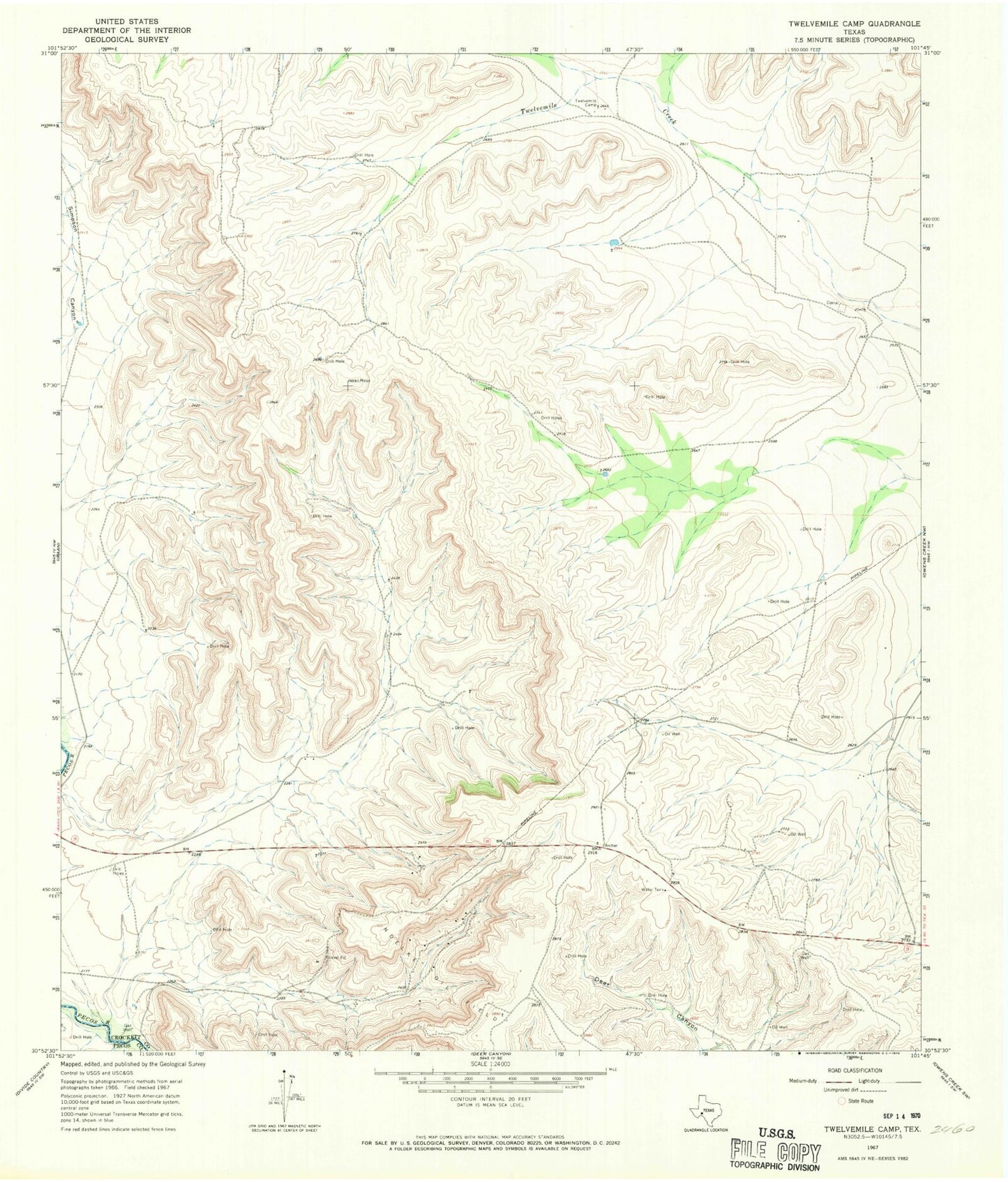 Classic USGS Twelvemile Camp Texas 7.5'x7.5' Topo Map Image
