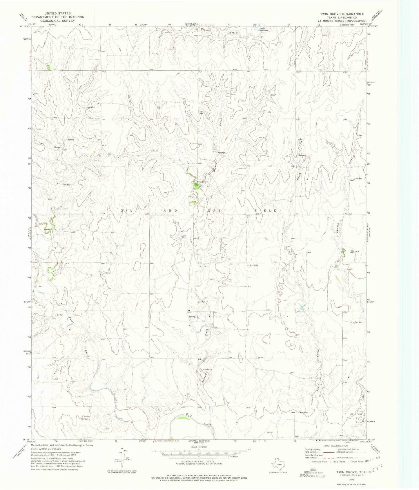 Classic USGS Twin Grove Texas 7.5'x7.5' Topo Map Image