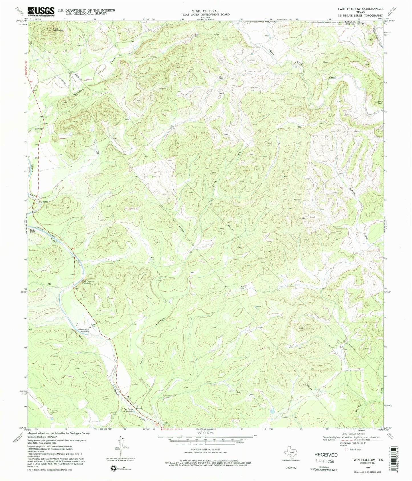 Classic USGS Twin Hollow Texas 7.5'x7.5' Topo Map Image