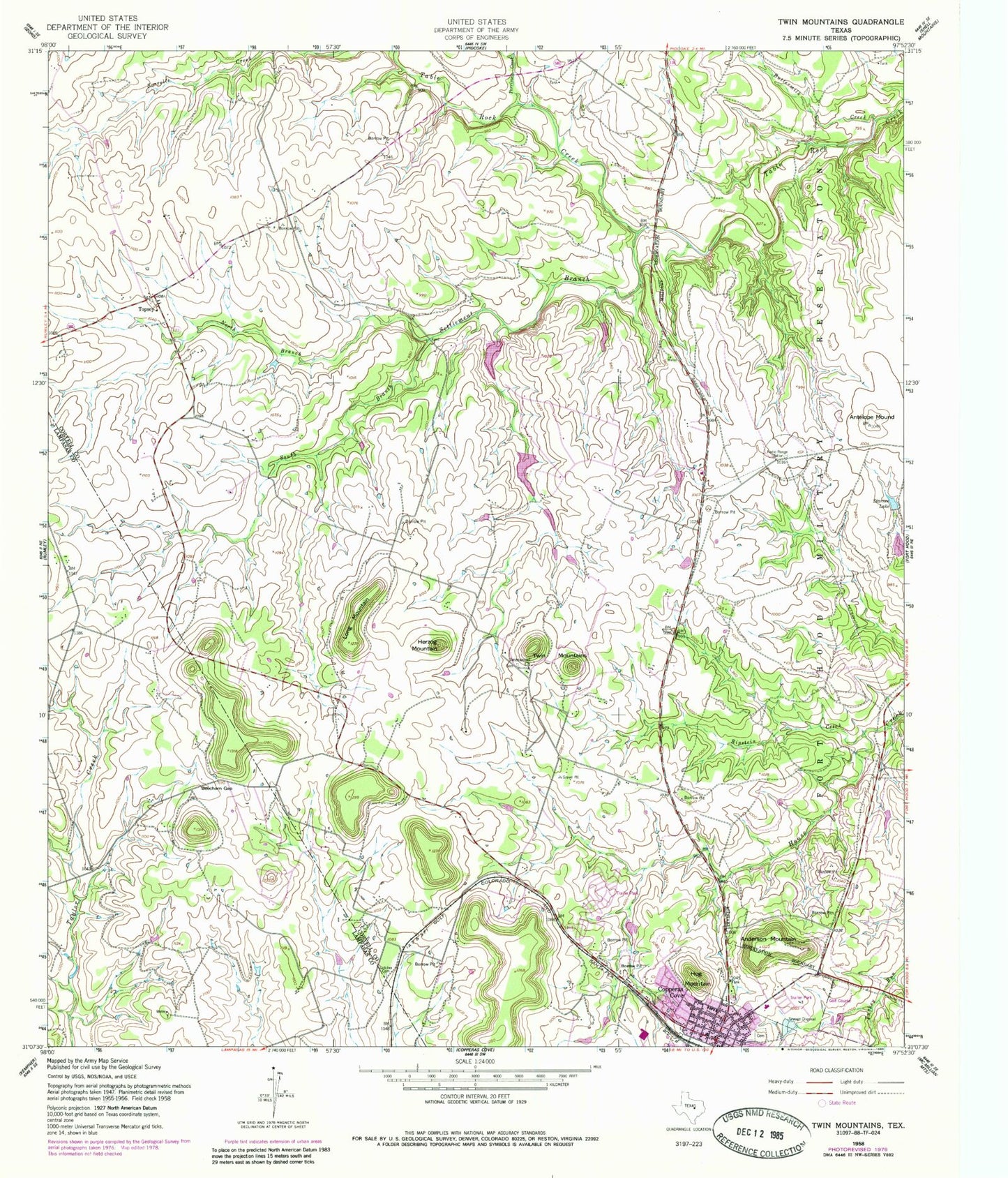Classic USGS Twin Mountains Texas 7.5'x7.5' Topo Map Image