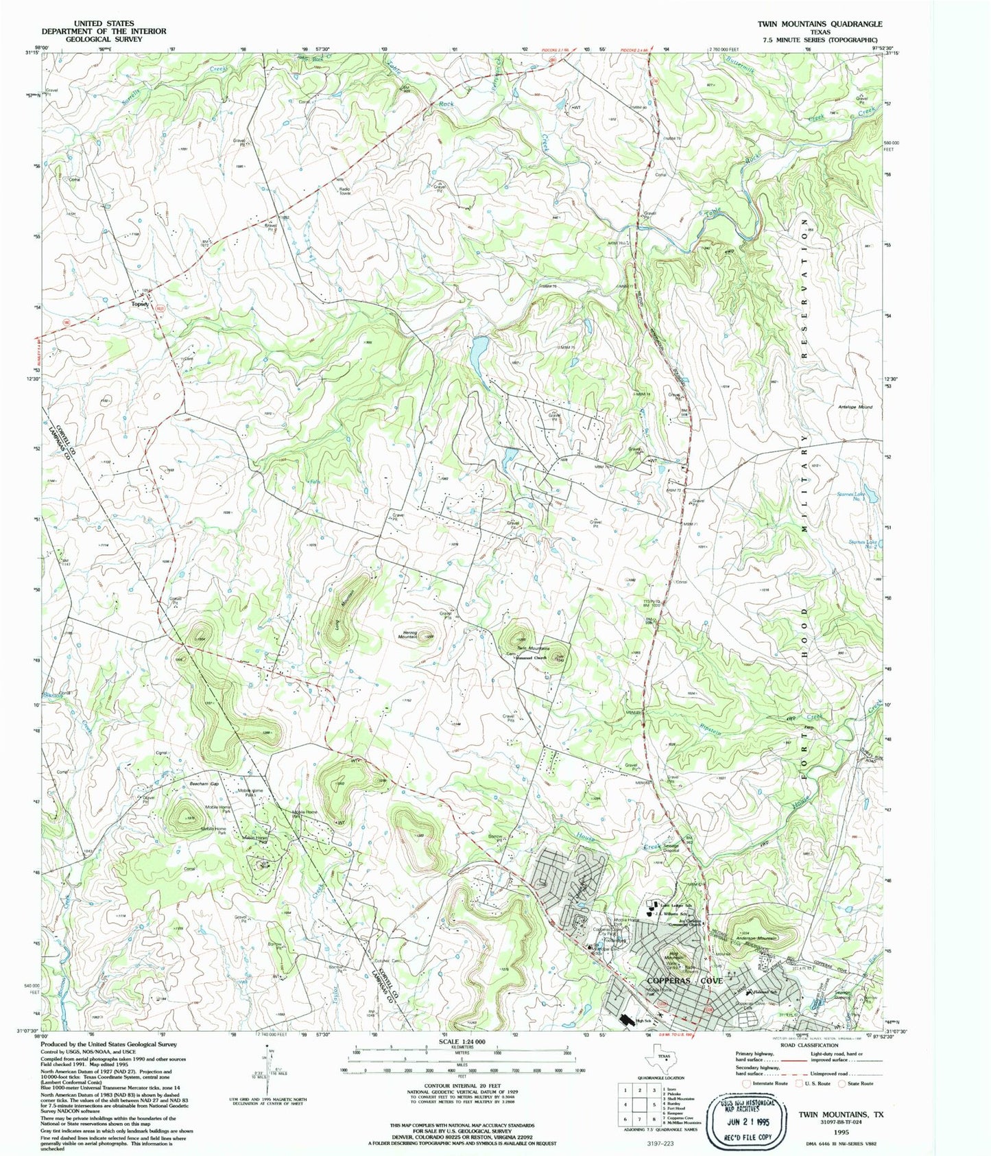 Classic USGS Twin Mountains Texas 7.5'x7.5' Topo Map Image