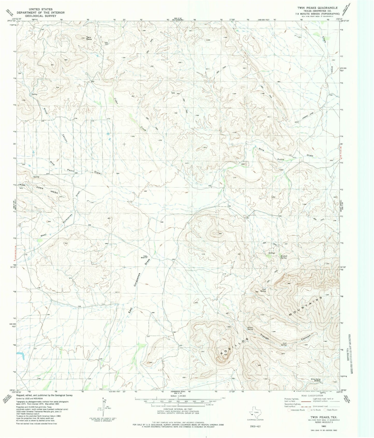 Classic USGS Twin Peaks Texas 7.5'x7.5' Topo Map Image