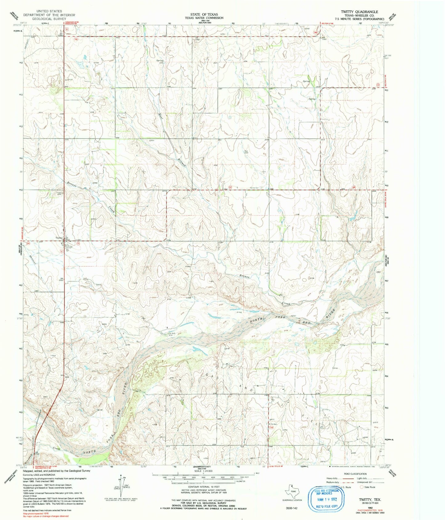 Classic USGS Twitty Texas 7.5'x7.5' Topo Map Image