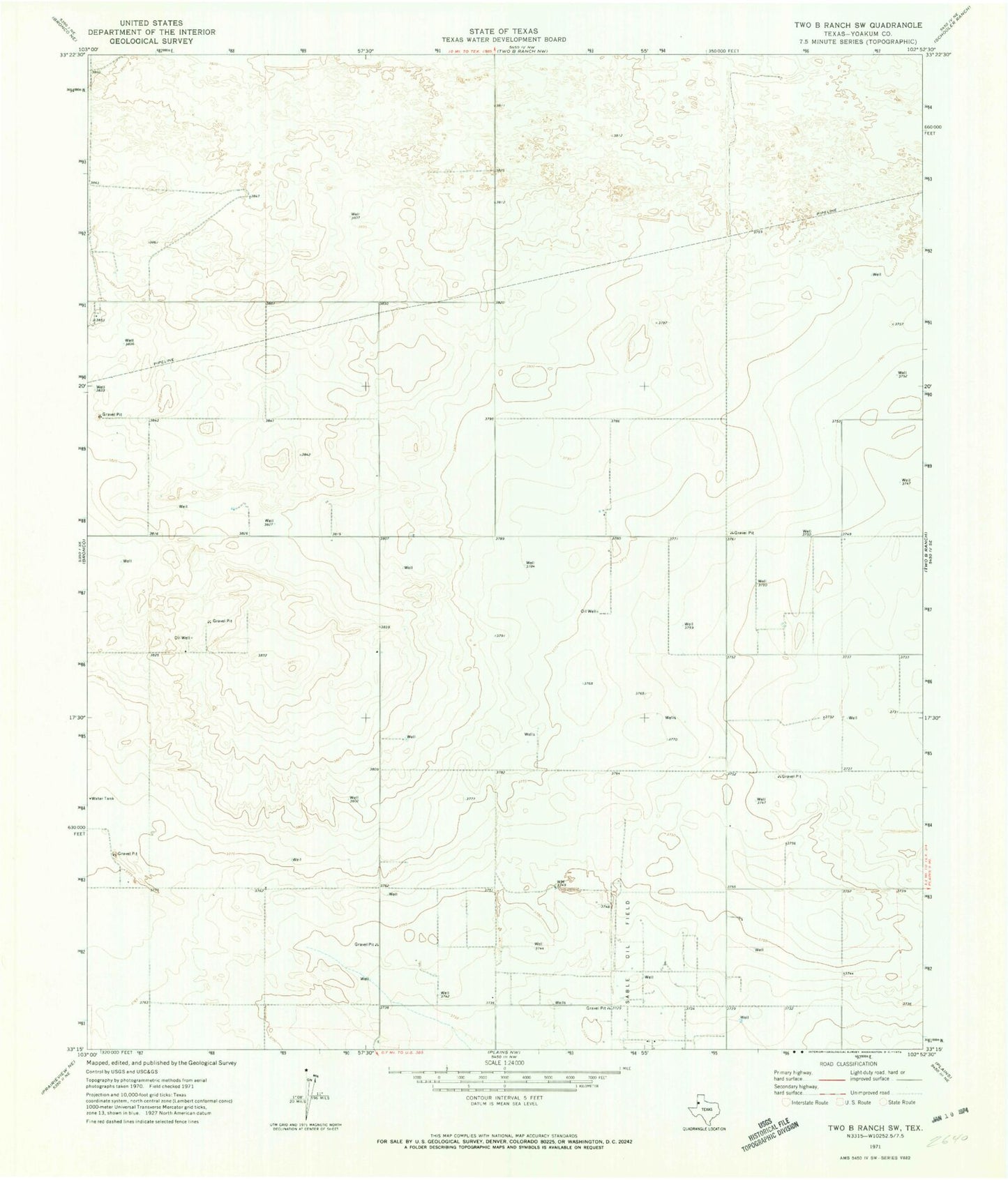 Classic USGS Two B Ranch SW Texas 7.5'x7.5' Topo Map Image