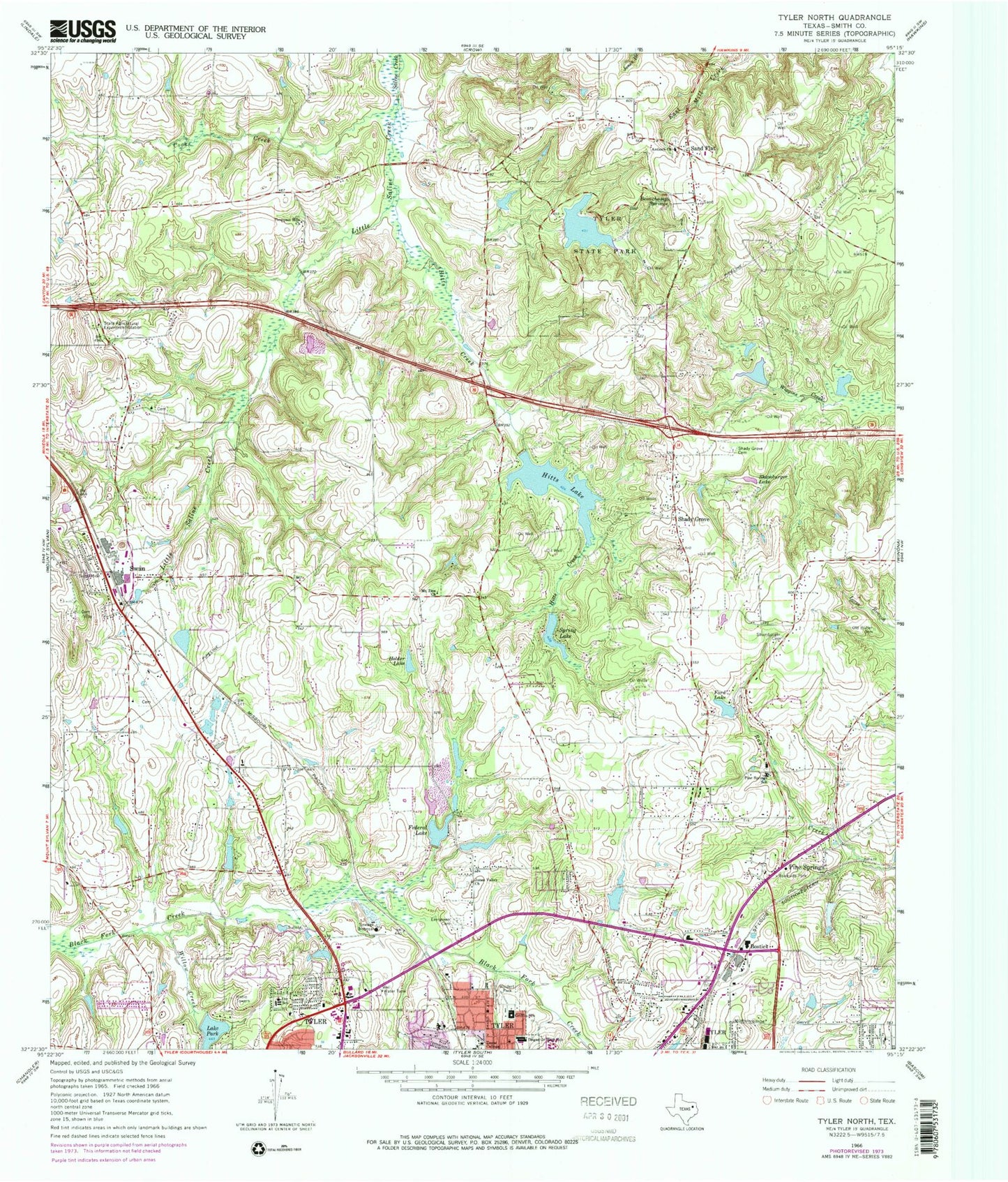 Classic USGS Tyler North Texas 7.5'x7.5' Topo Map Image