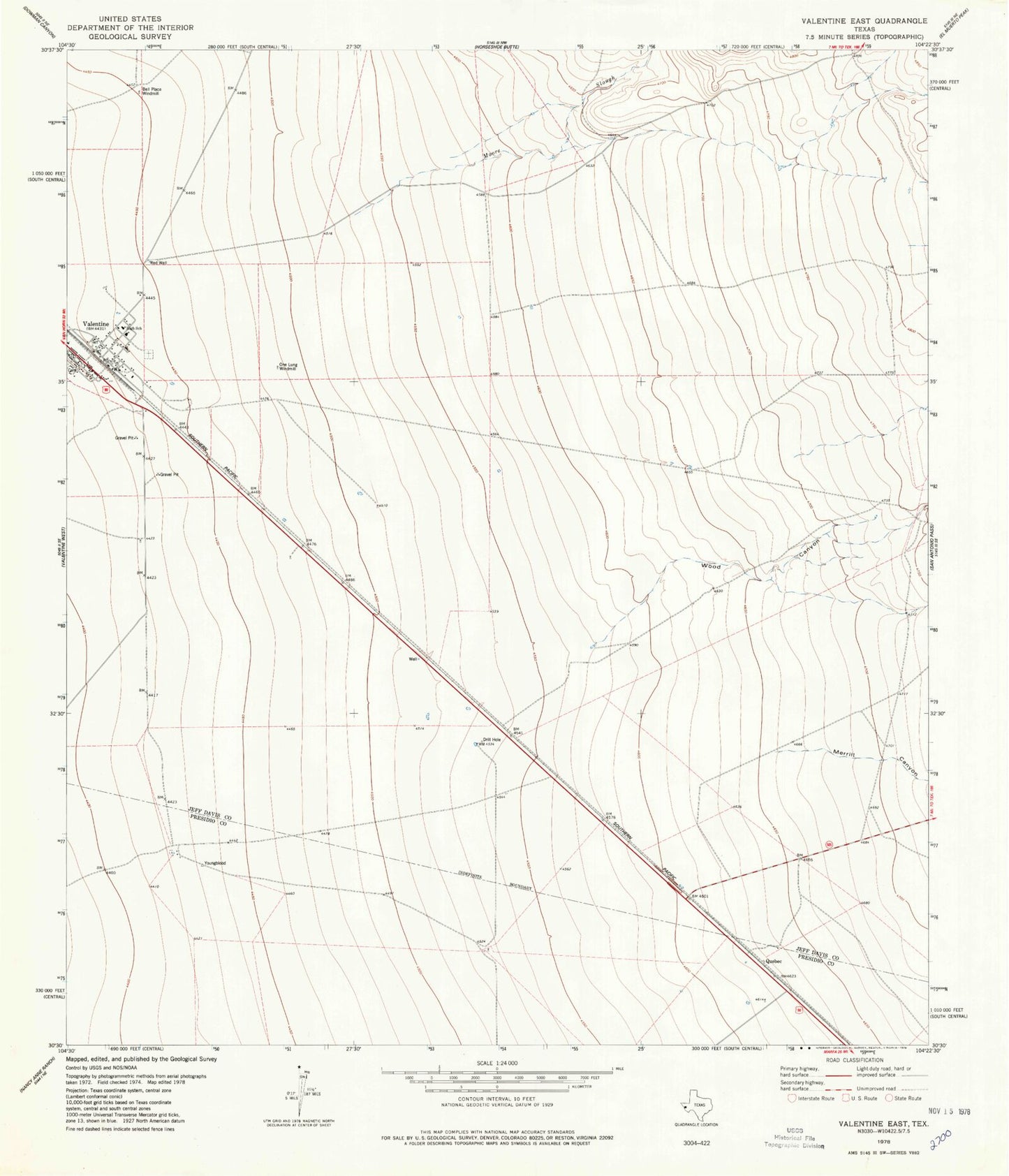 Classic USGS Valentine East Texas 7.5'x7.5' Topo Map Image