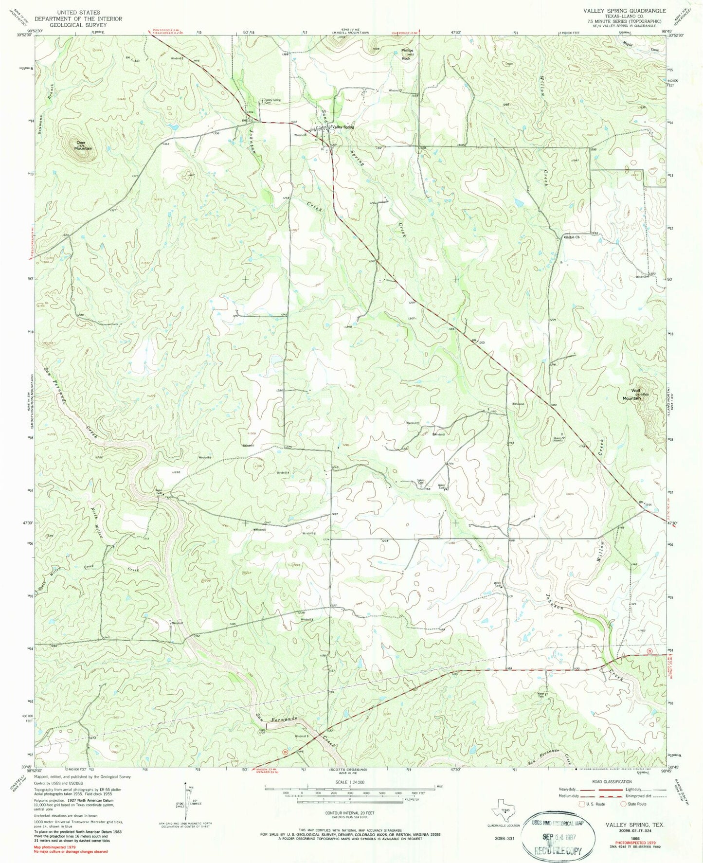 Classic USGS Valley Spring Texas 7.5'x7.5' Topo Map Image