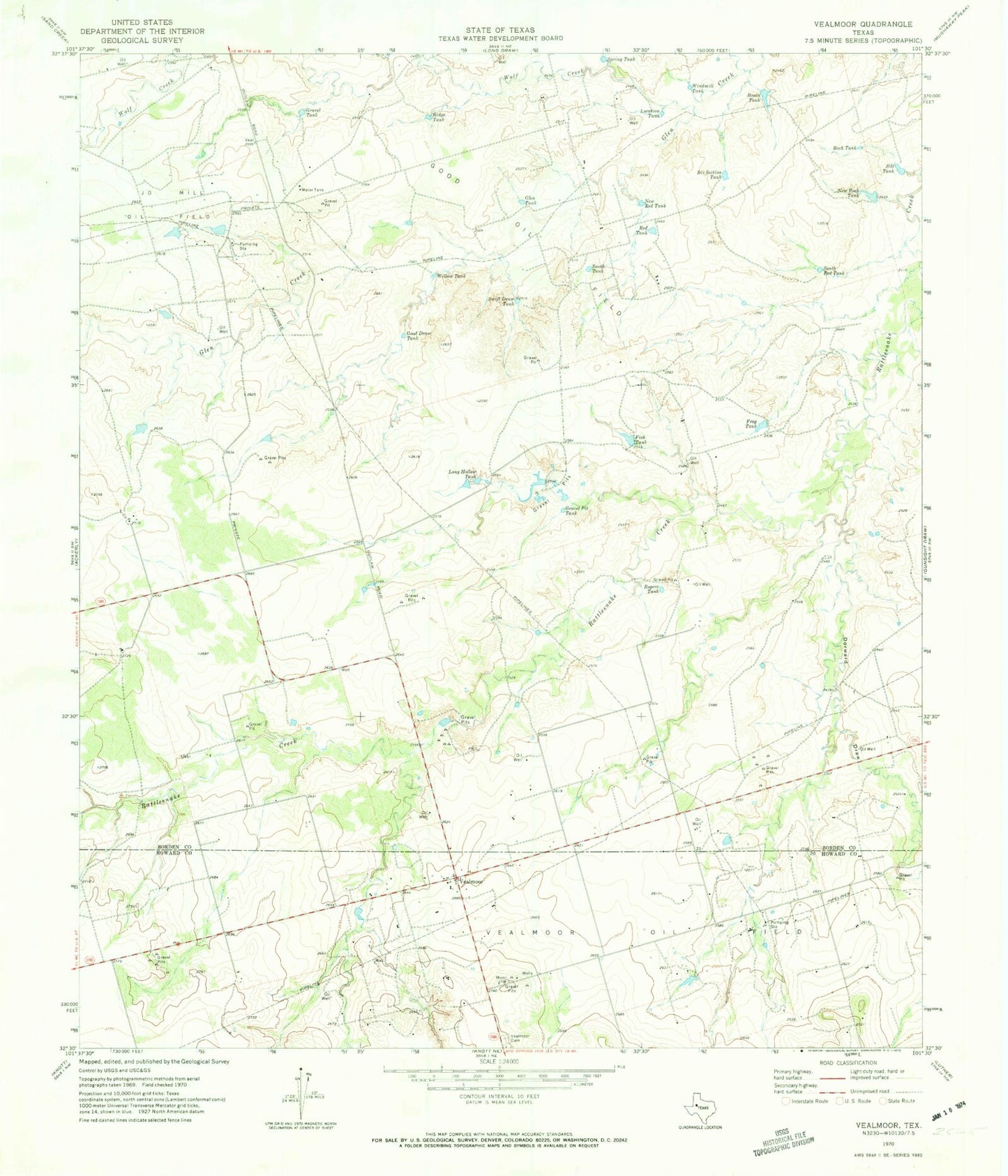 Classic USGS Vealmoor Texas 7.5'x7.5' Topo Map Image