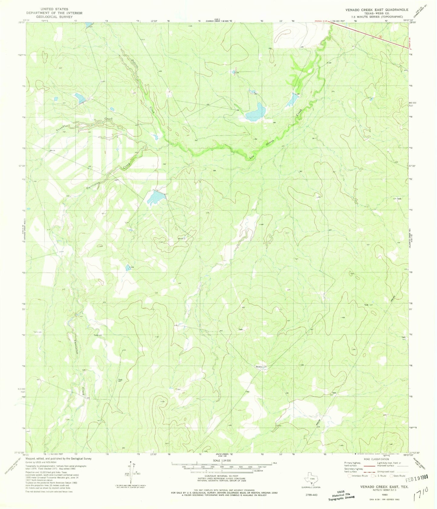 Classic USGS Venado Creek East Texas 7.5'x7.5' Topo Map Image