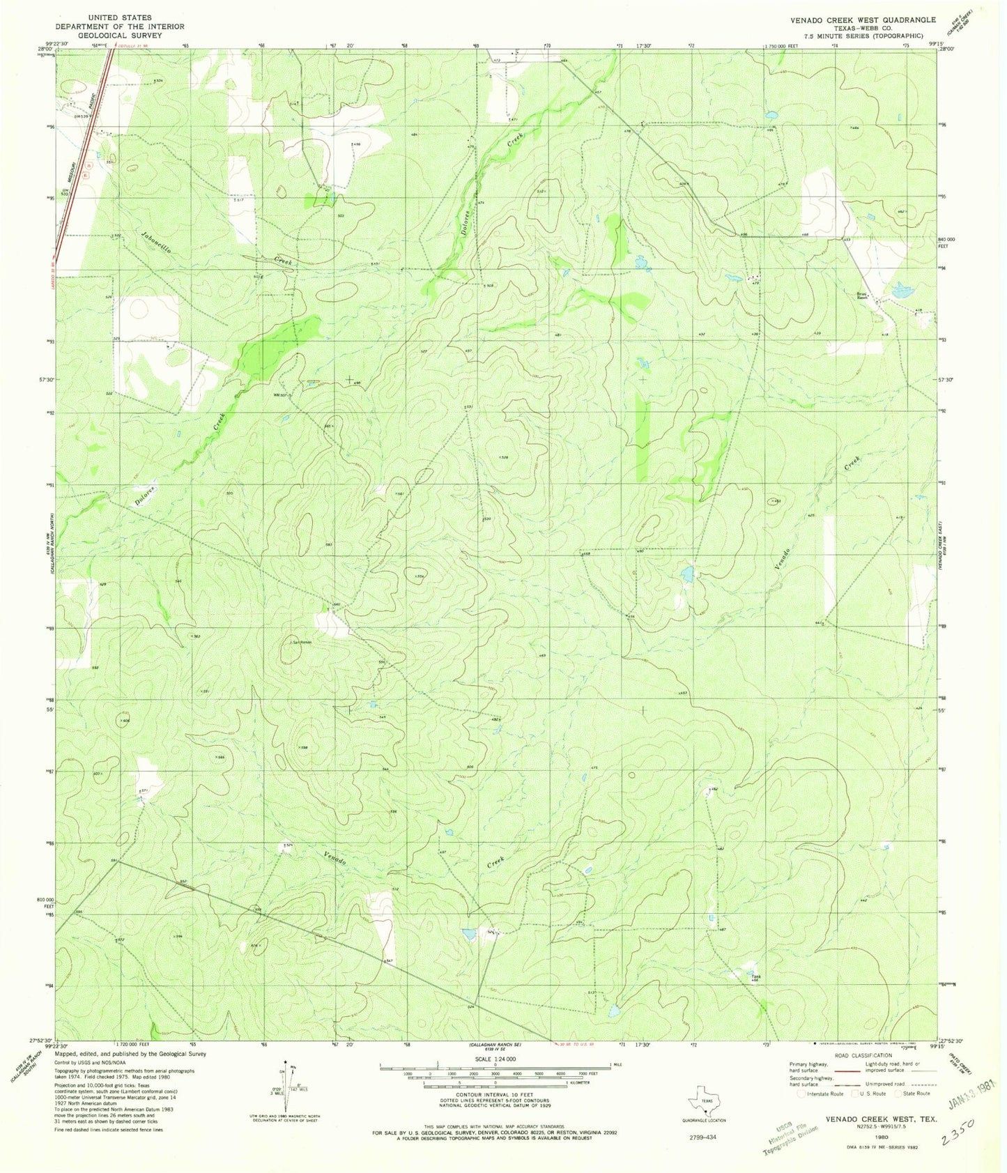 Classic USGS Venado Creek West Texas 7.5'x7.5' Topo Map Image