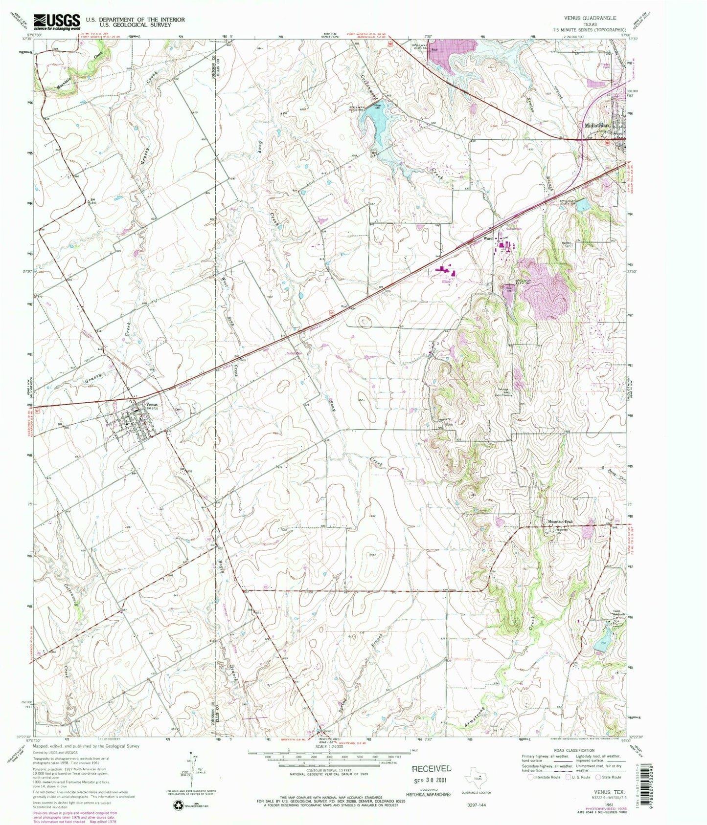 Classic USGS Venus Texas 7.5'x7.5' Topo Map Image