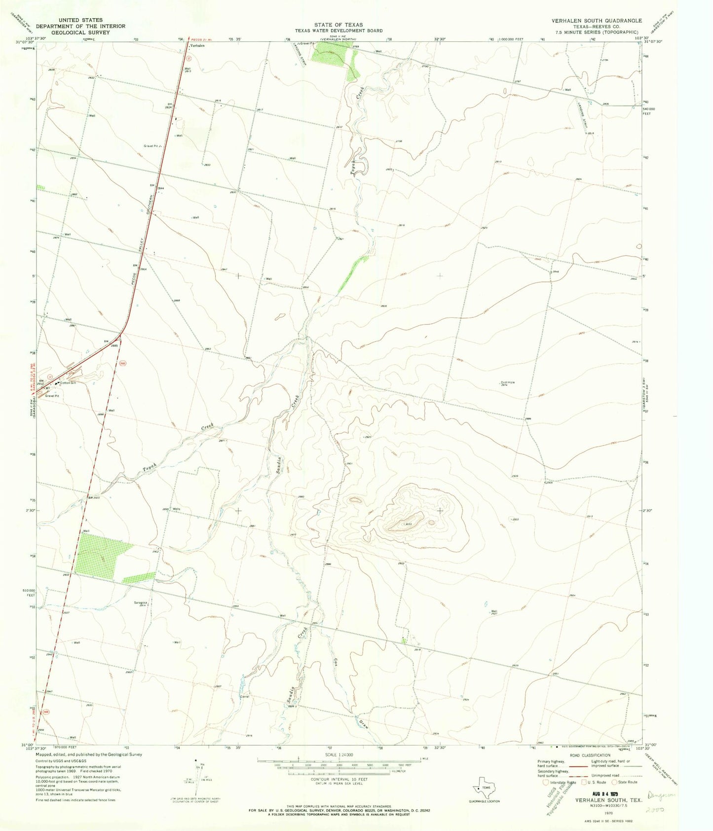 Classic USGS Verhalen South Texas 7.5'x7.5' Topo Map Image