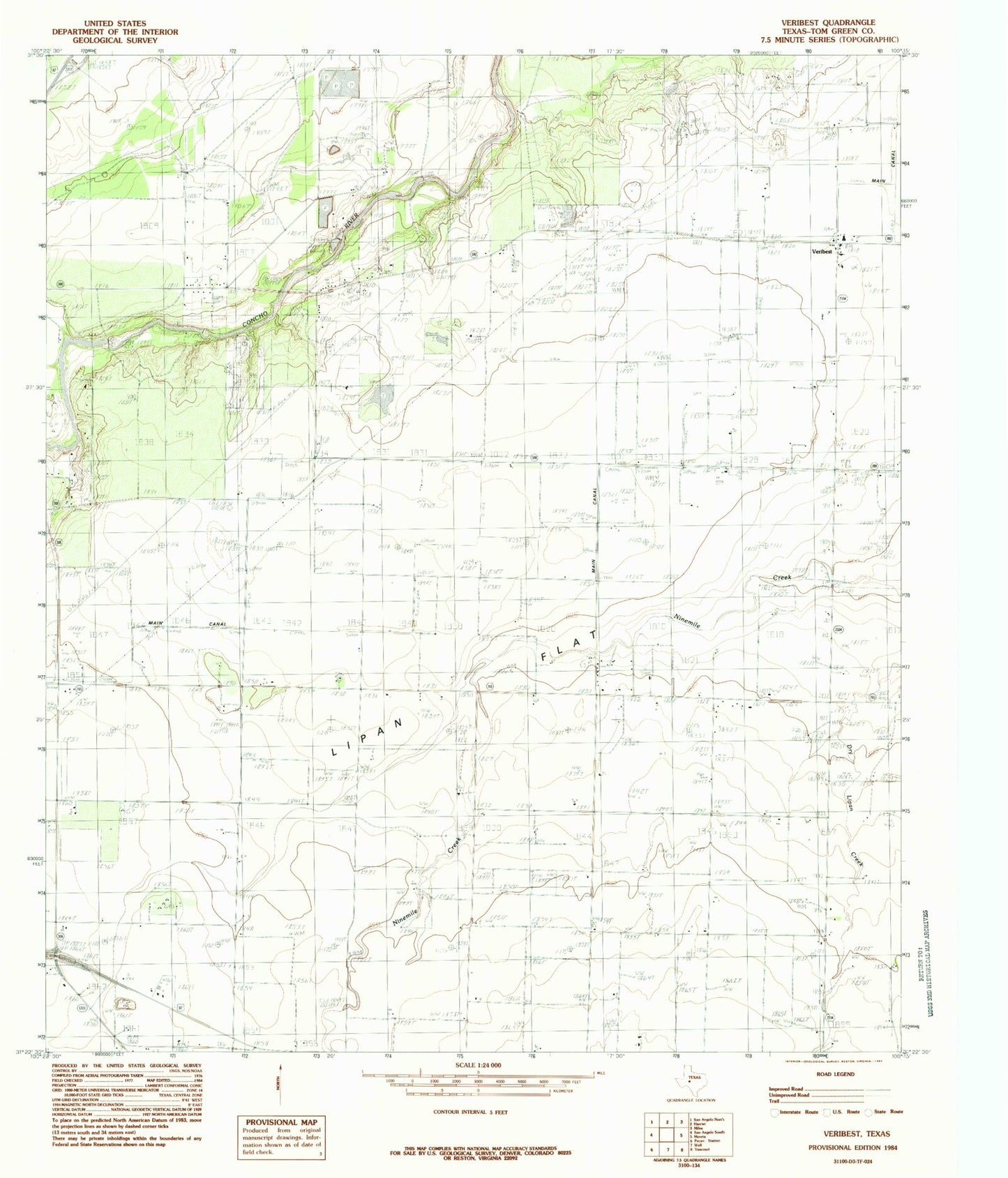 Classic USGS Veribest Texas 7.5'x7.5' Topo Map Image