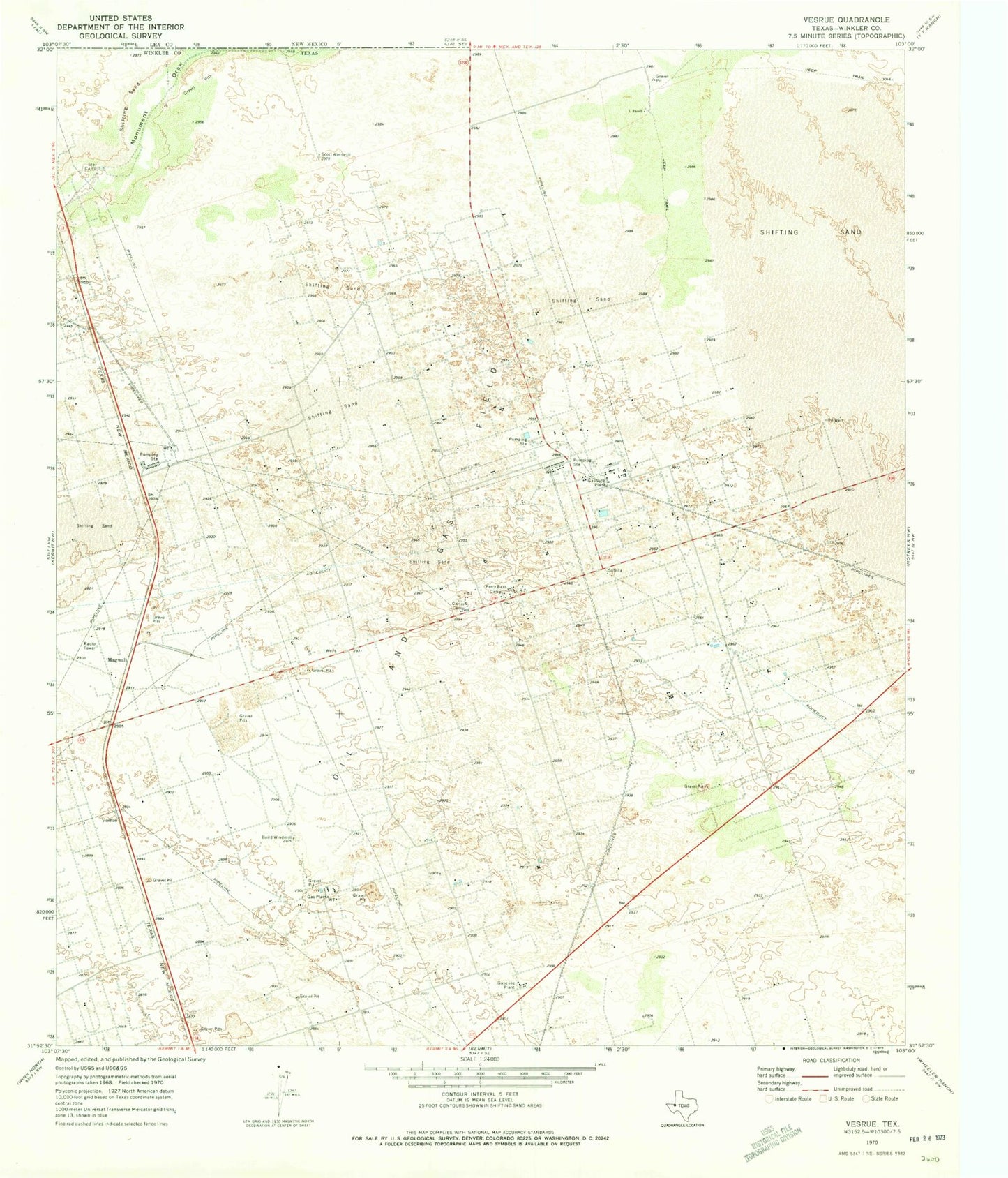Classic USGS Vesrue Texas 7.5'x7.5' Topo Map Image