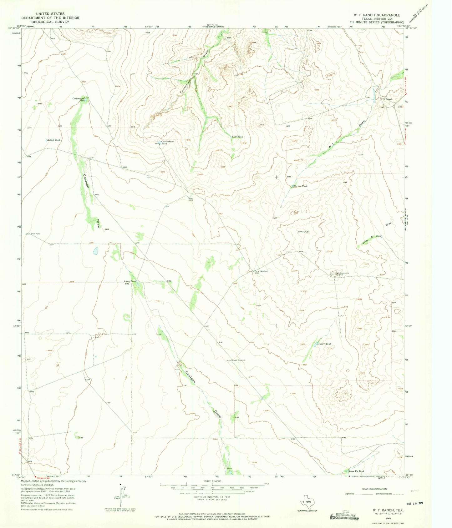 Classic USGS W T Ranch Texas 7.5'x7.5' Topo Map Image