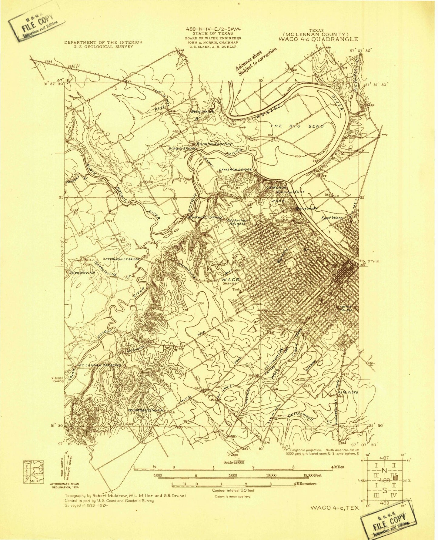 Classic USGS Waco West Texas 7.5'x7.5' Topo Map Image