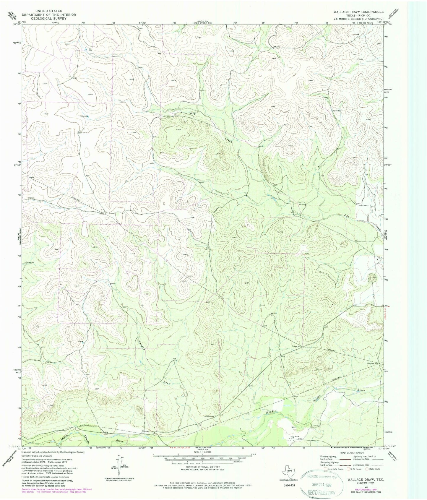 Classic USGS Wallace Draw Texas 7.5'x7.5' Topo Map Image