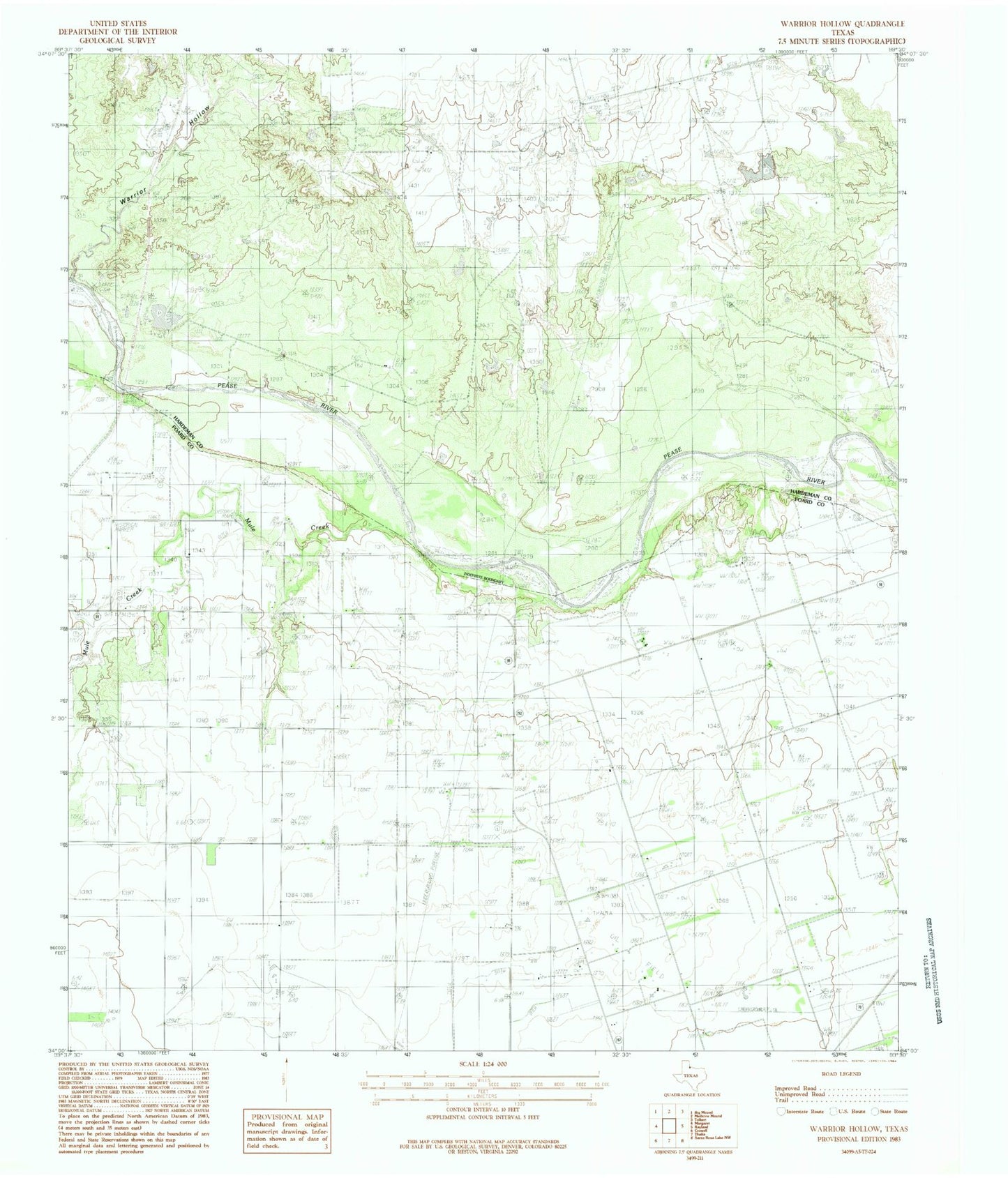 Classic USGS Warrior Hollow Texas 7.5'x7.5' Topo Map Image