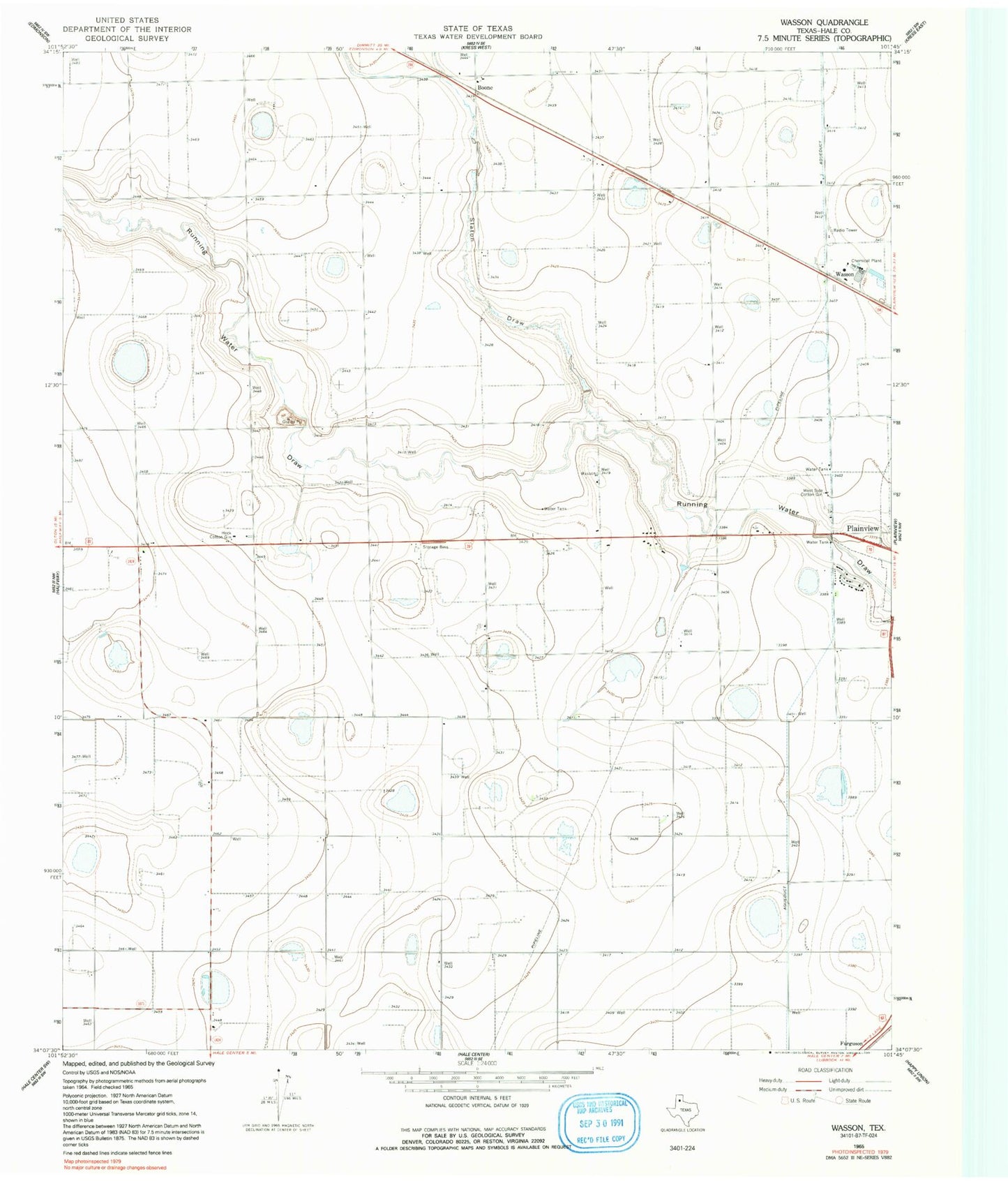 Classic USGS Wasson Texas 7.5'x7.5' Topo Map Image