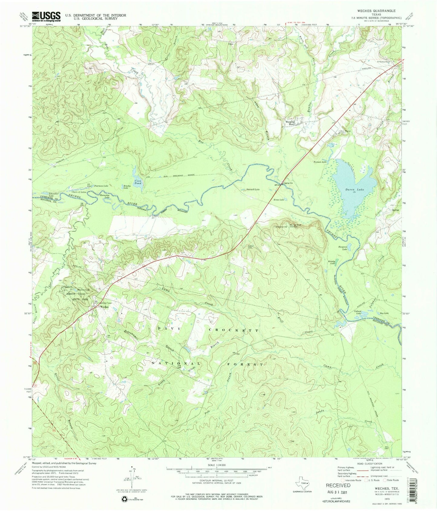 Classic USGS Weches Texas 7.5'x7.5' Topo Map Image