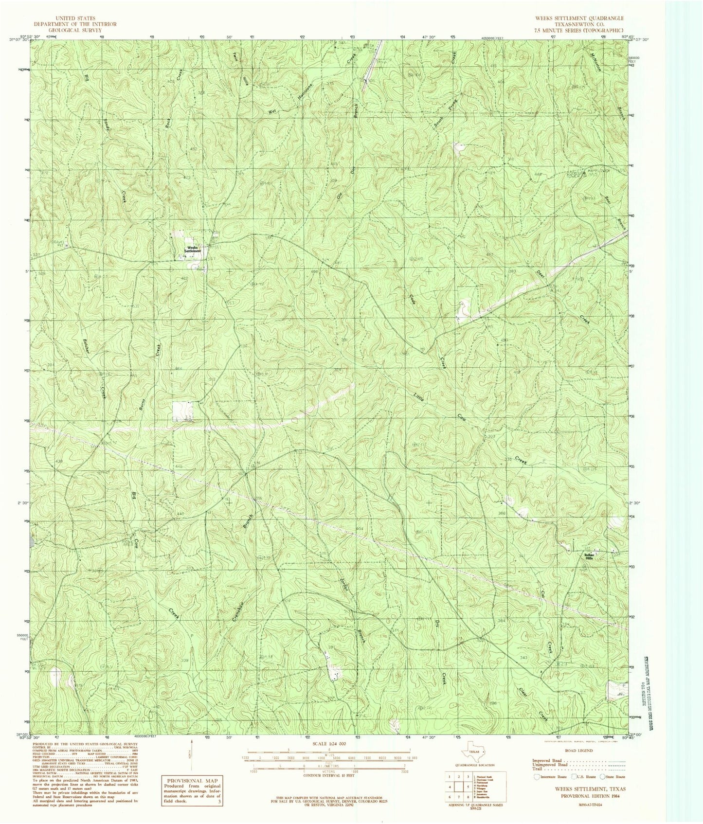 Classic USGS Weeks Settlement Texas 7.5'x7.5' Topo Map Image