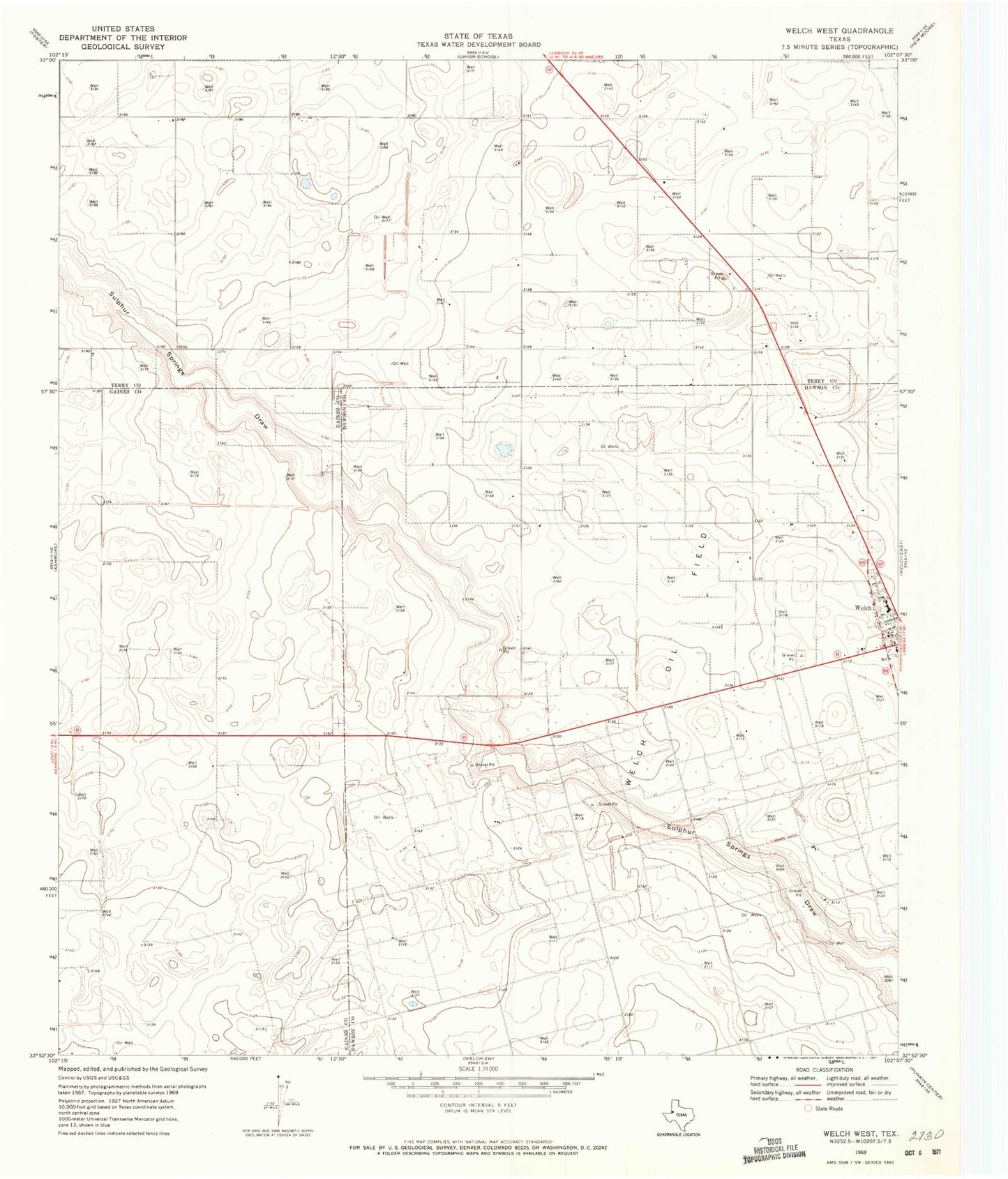 Classic USGS Welch West Texas 7.5'x7.5' Topo Map Image