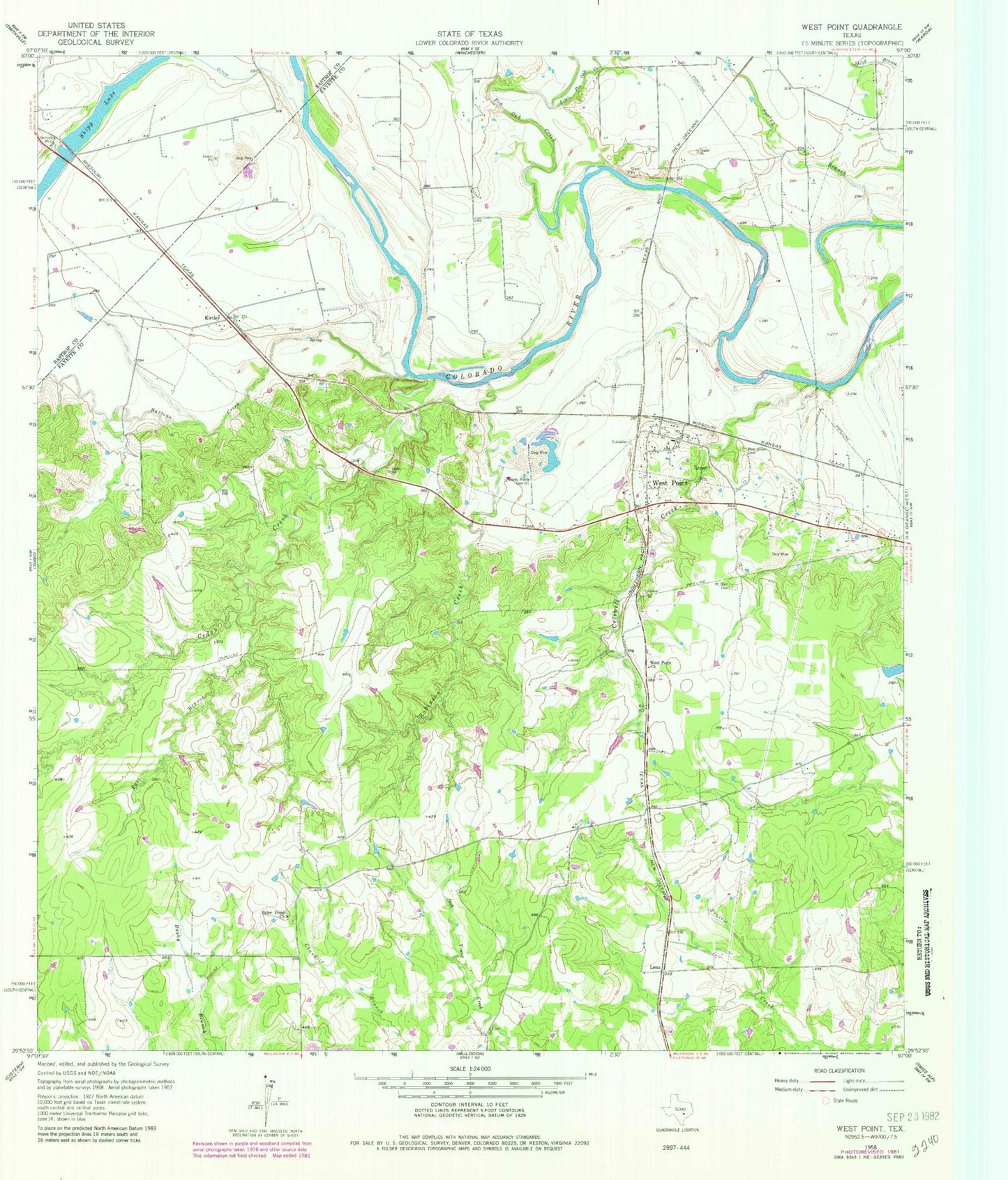 Classic USGS West Point Texas 7.5'x7.5' Topo Map Image