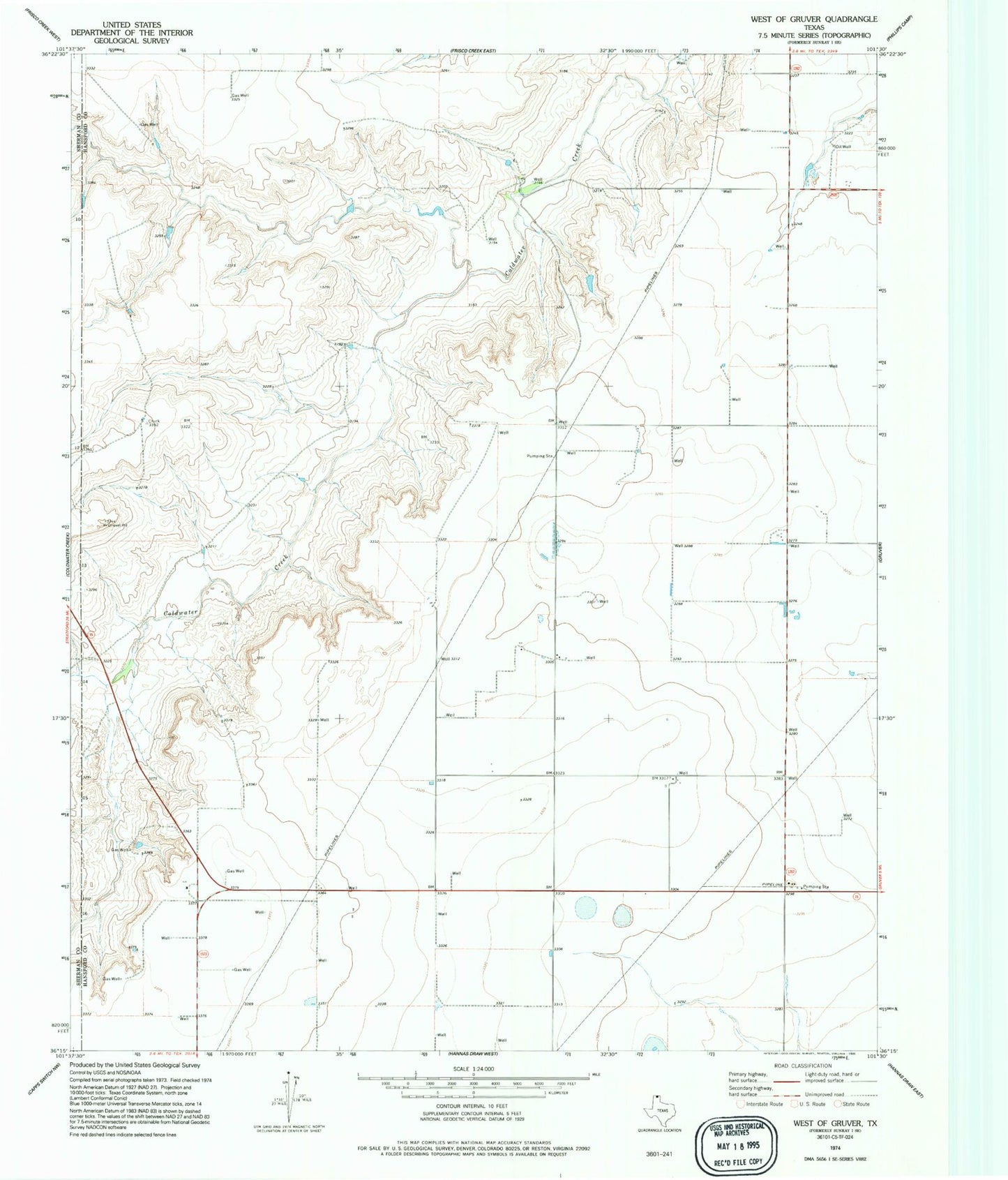 Classic USGS West of Gruver Texas 7.5'x7.5' Topo Map Image