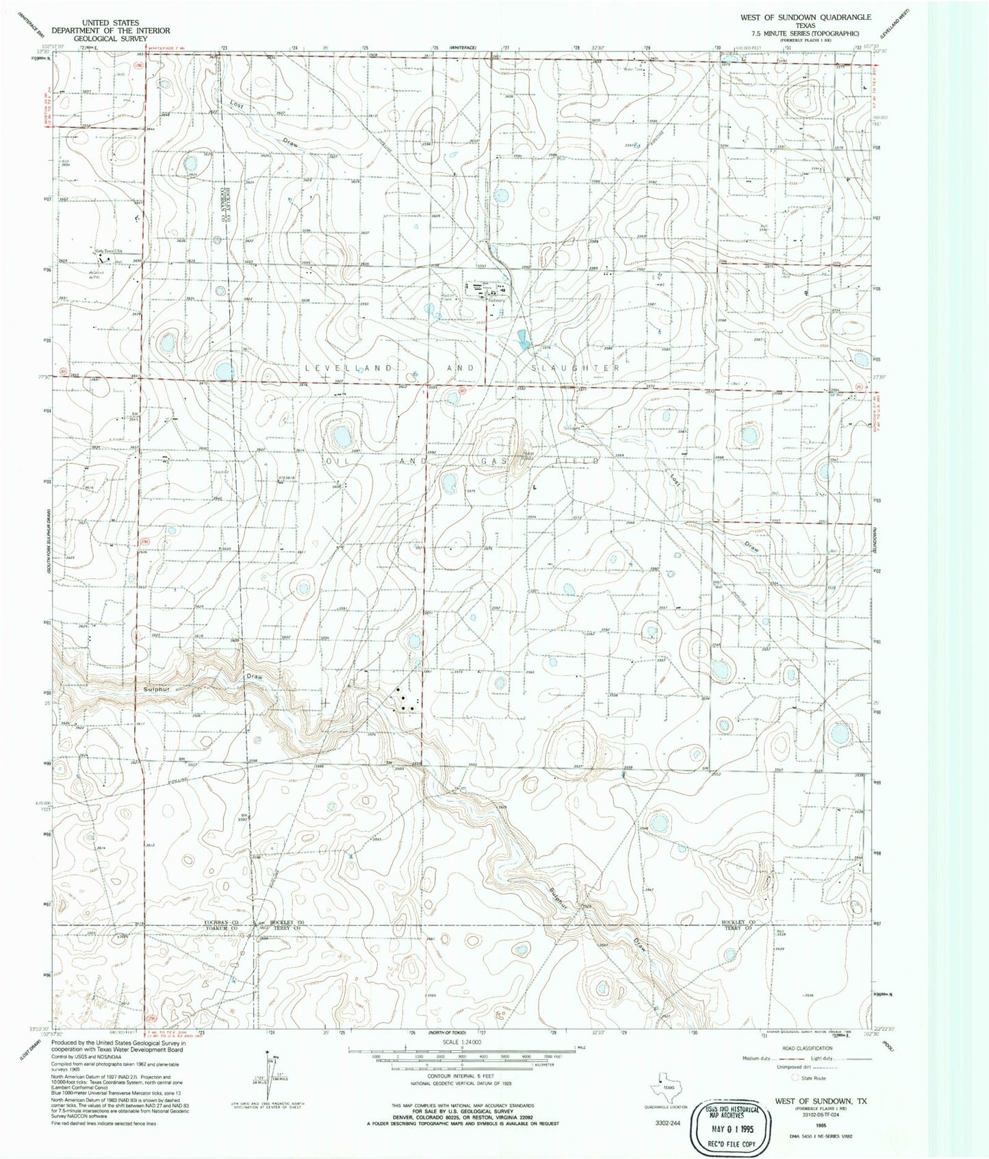 Classic USGS West of Sundown Texas 7.5'x7.5' Topo Map Image