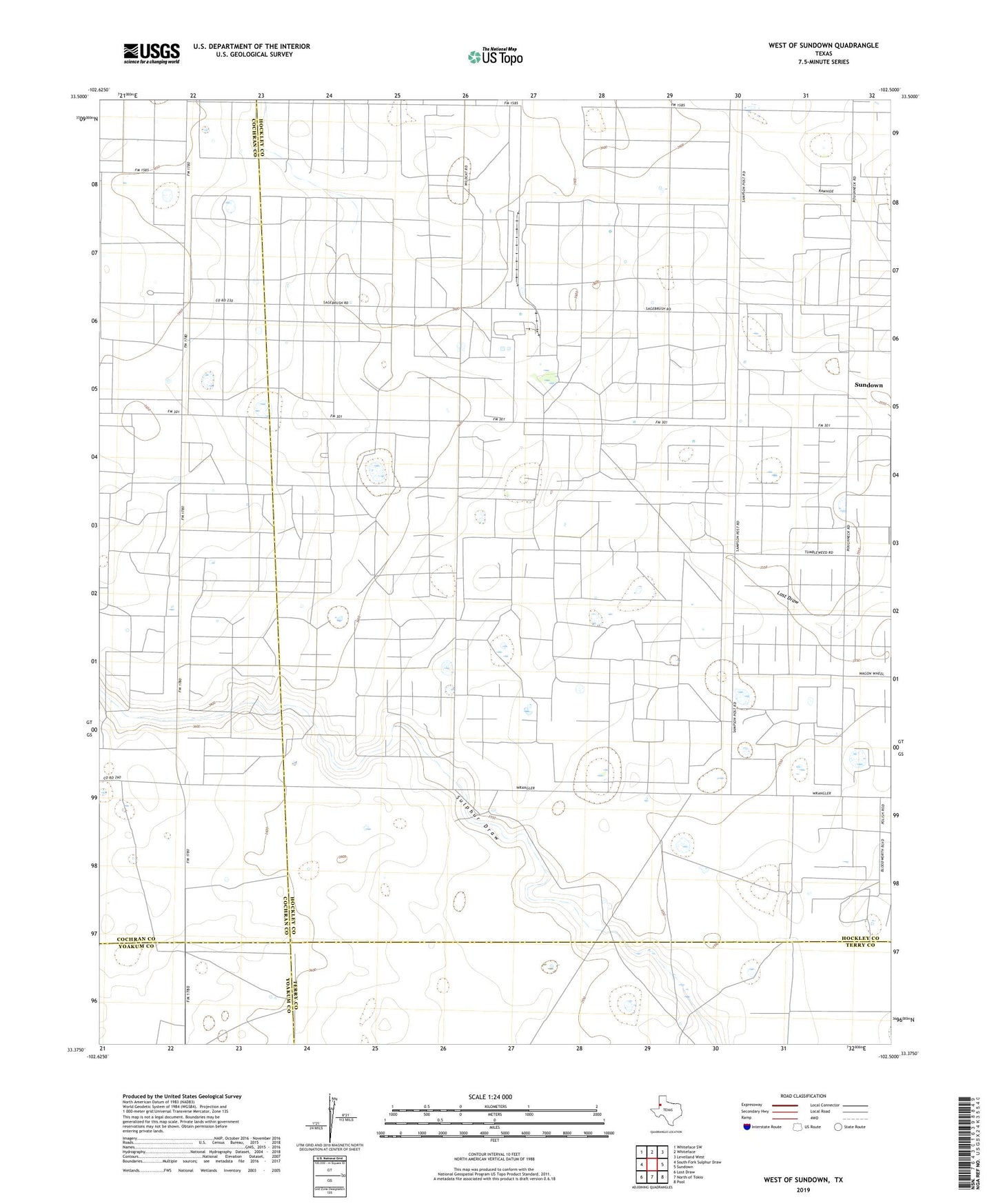 West of Sundown Texas US Topo Map Image