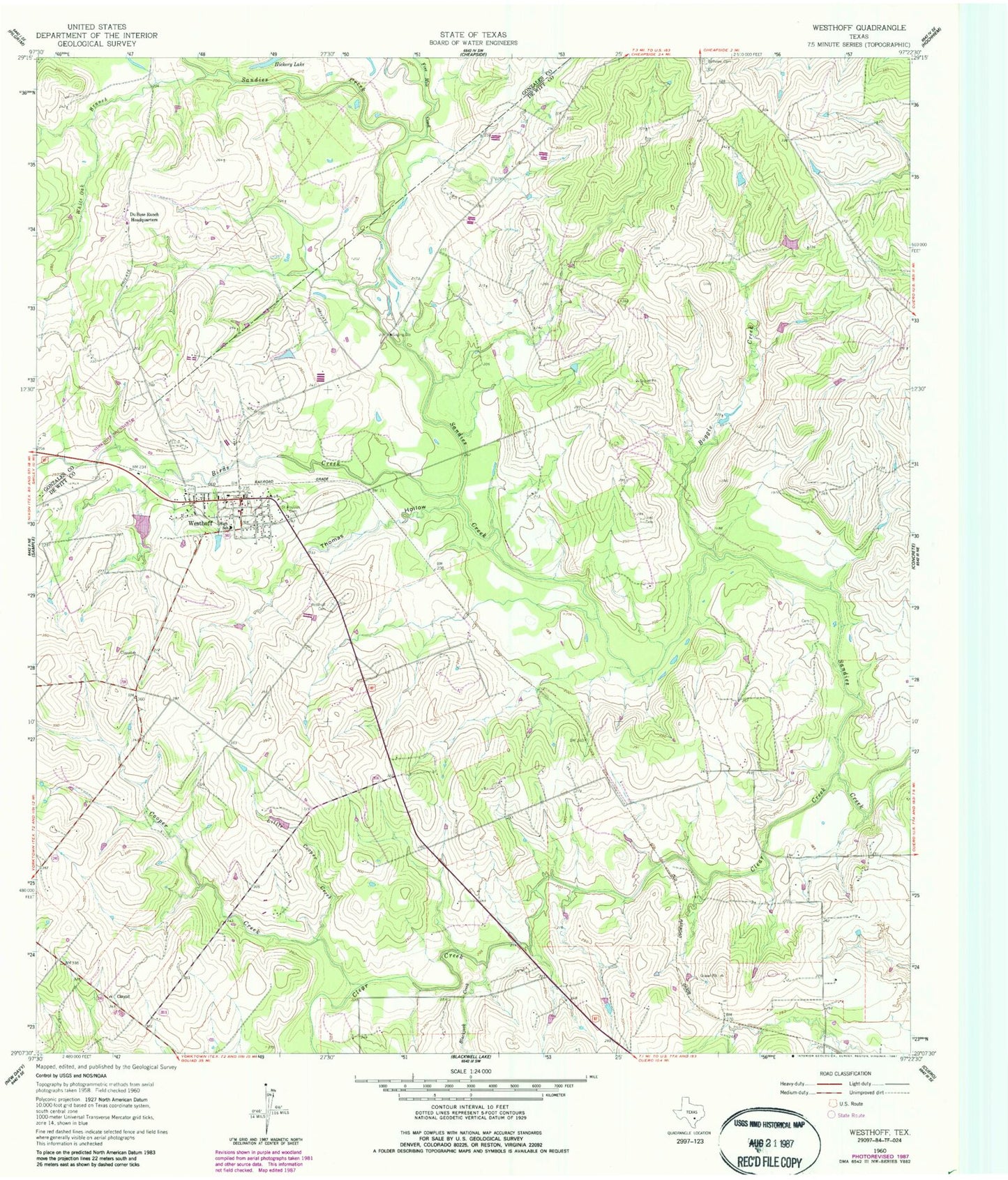 Classic USGS Westhoff Texas 7.5'x7.5' Topo Map Image