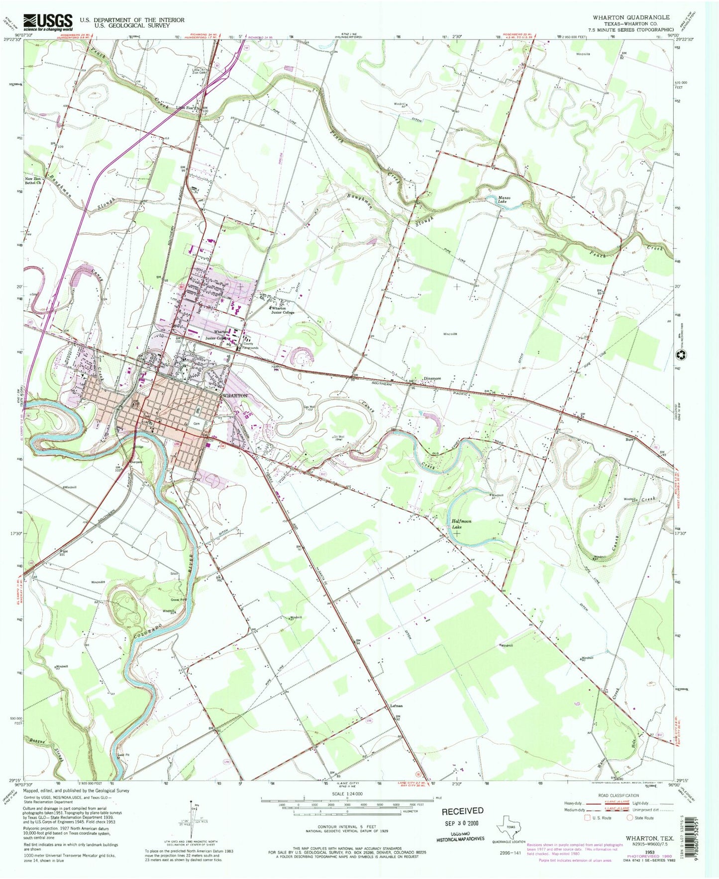 Classic USGS Wharton Texas 7.5'x7.5' Topo Map Image
