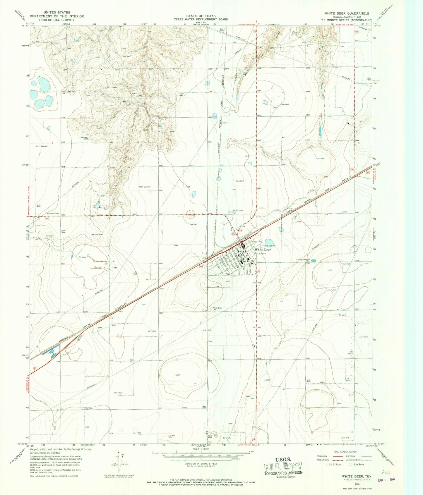 Classic USGS White Deer Texas 7.5'x7.5' Topo Map Image