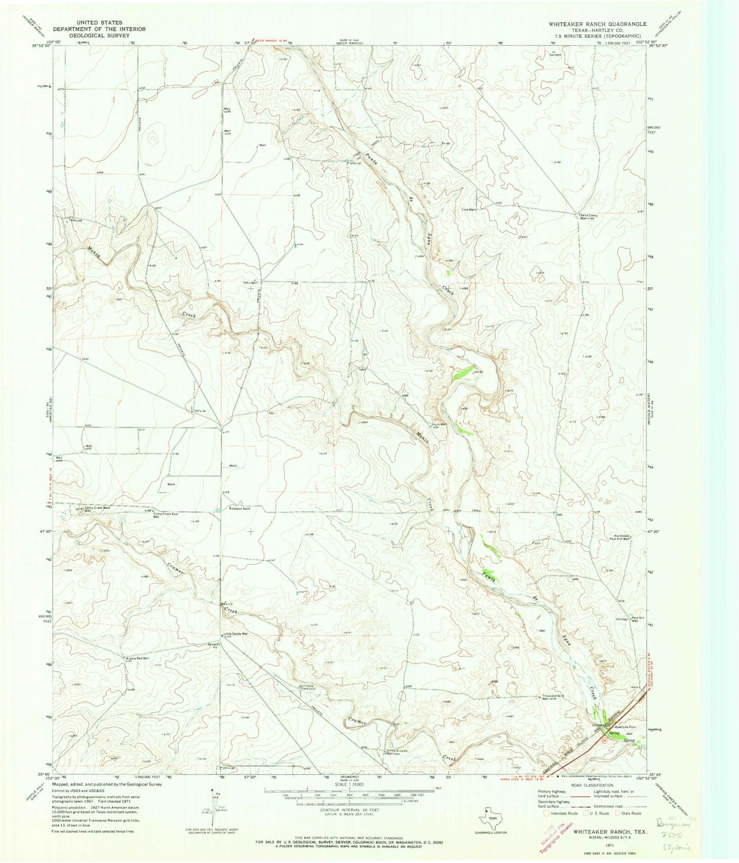 Classic USGS Whiteaker Ranch Texas 7.5'x7.5' Topo Map Image