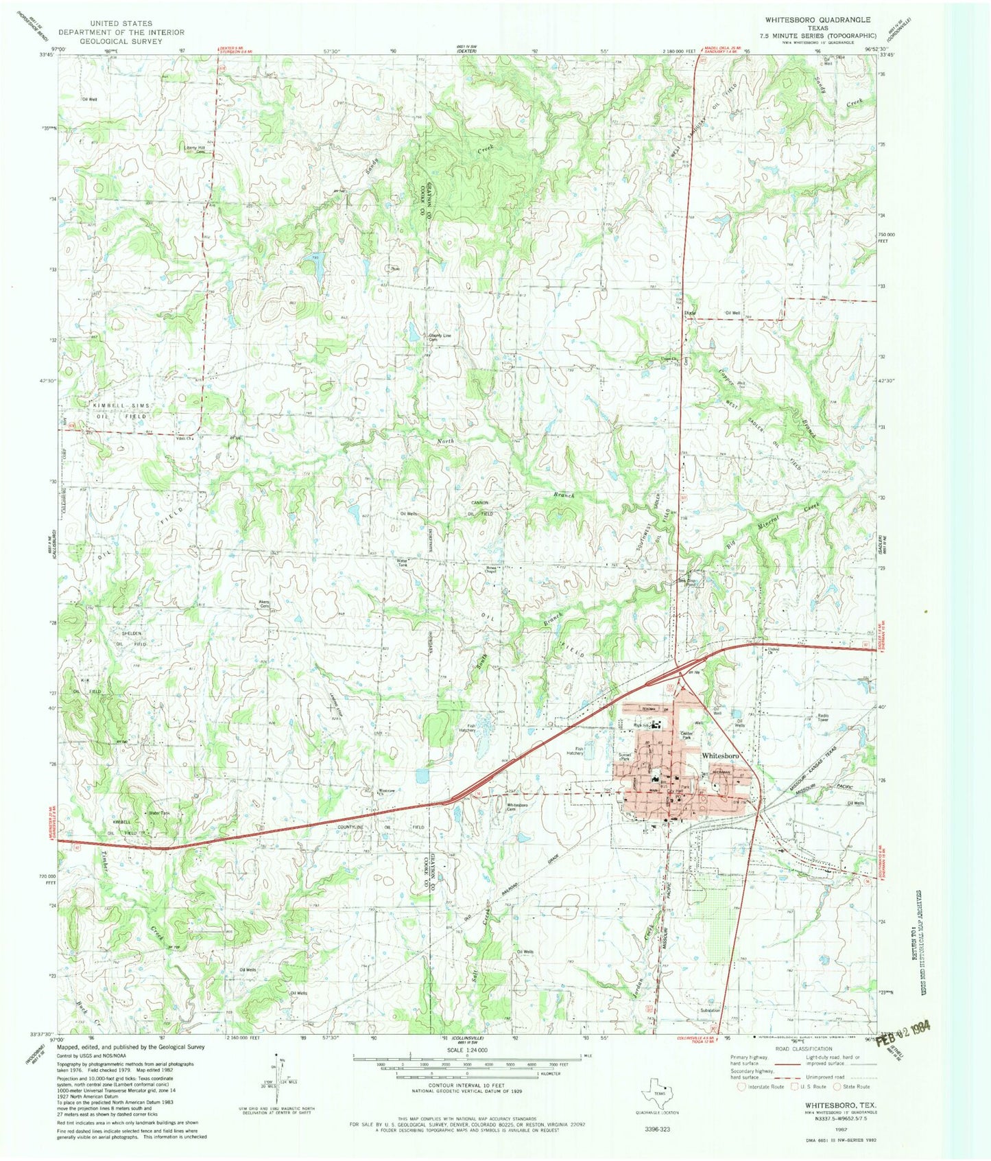 Classic USGS Whitesboro Texas 7.5'x7.5' Topo Map Image