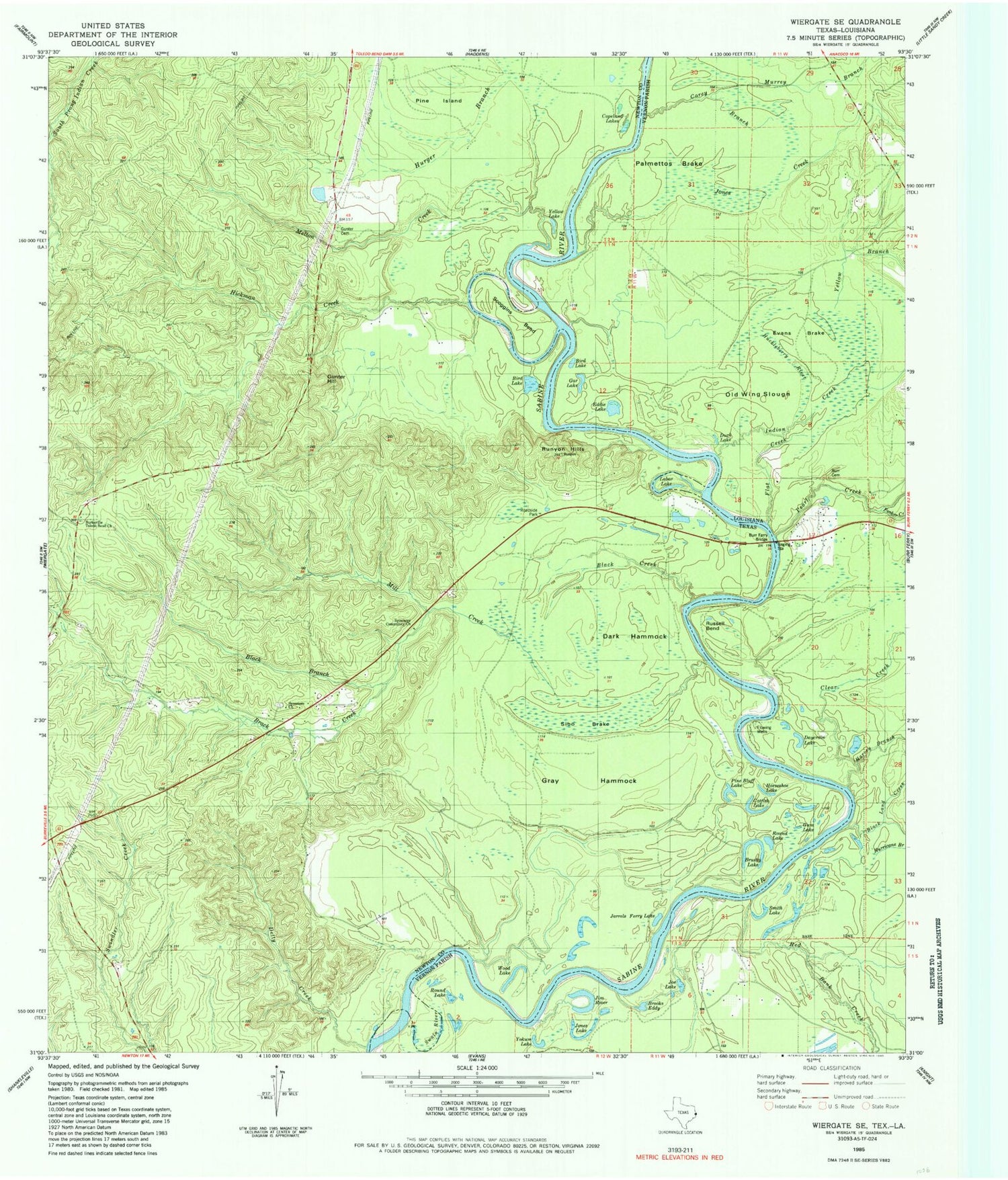 Classic USGS Wiergate SE Texas 7.5'x7.5' Topo Map Image