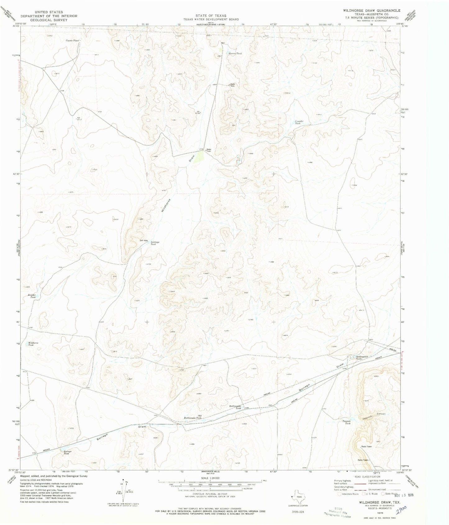 Classic USGS Wildhorse Draw Texas 7.5'x7.5' Topo Map Image