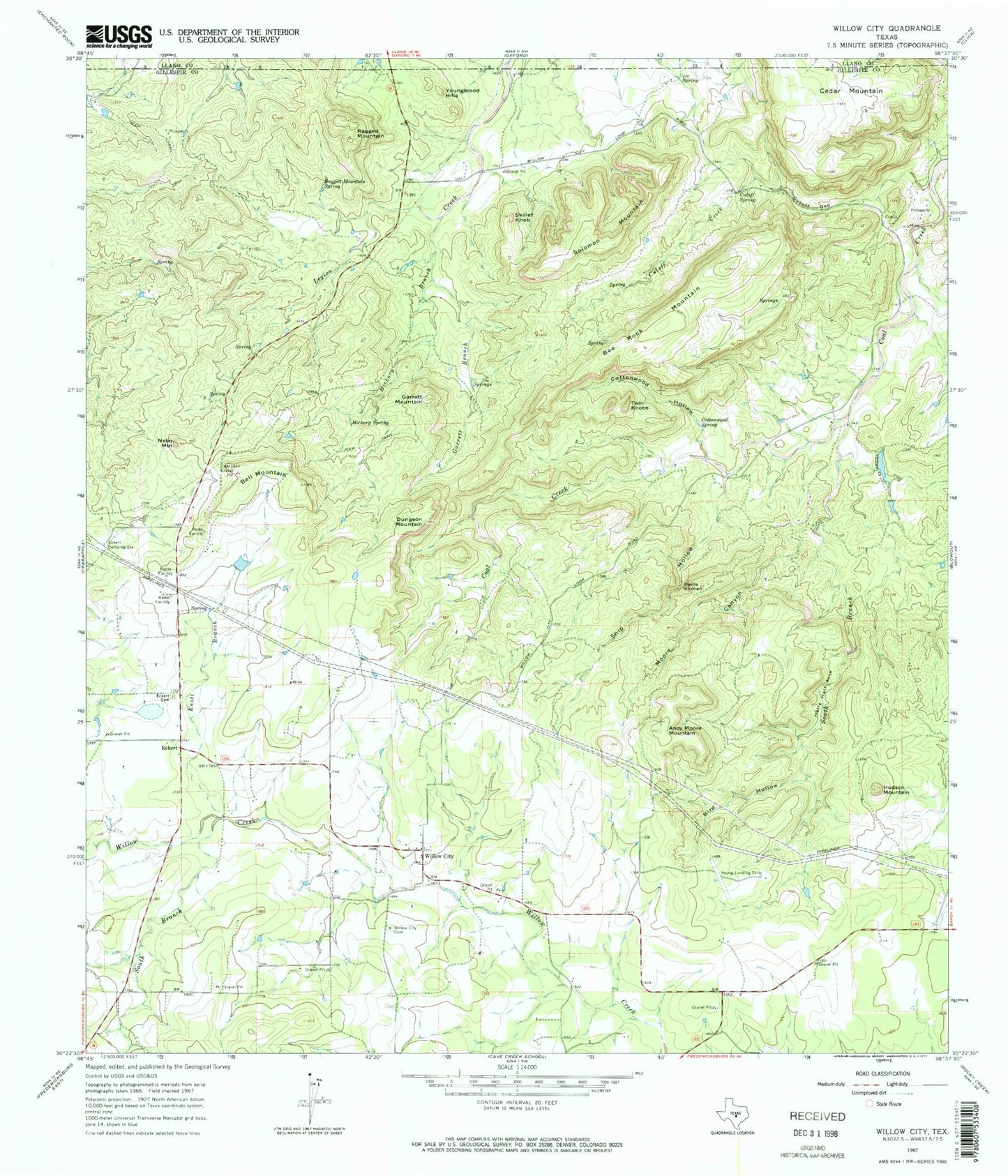 Classic USGS Willow City Texas 7.5'x7.5' Topo Map Image