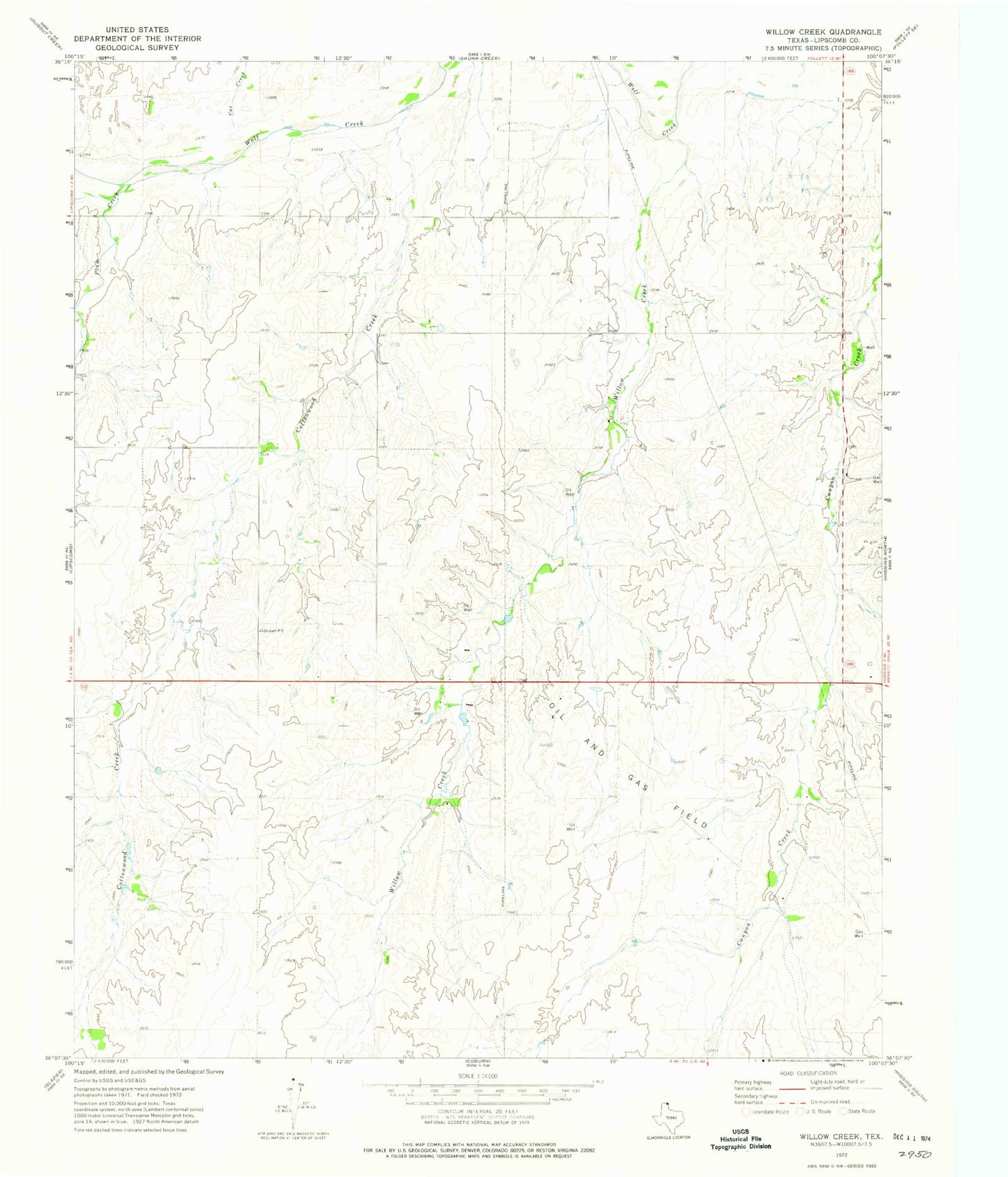 Classic USGS Willow Creek Texas 7.5'x7.5' Topo Map Image