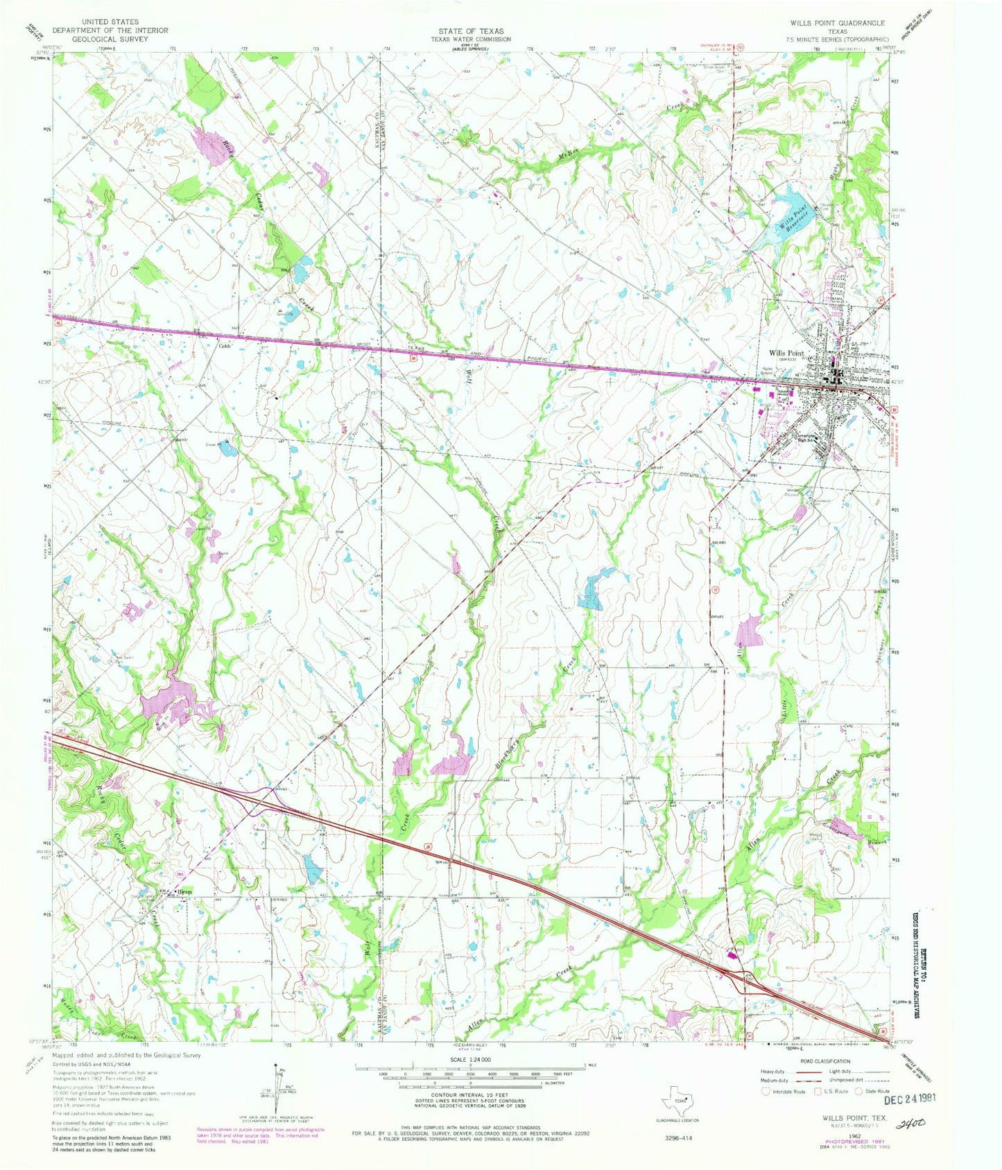 Classic USGS Wills Point Texas 7.5'x7.5' Topo Map Image