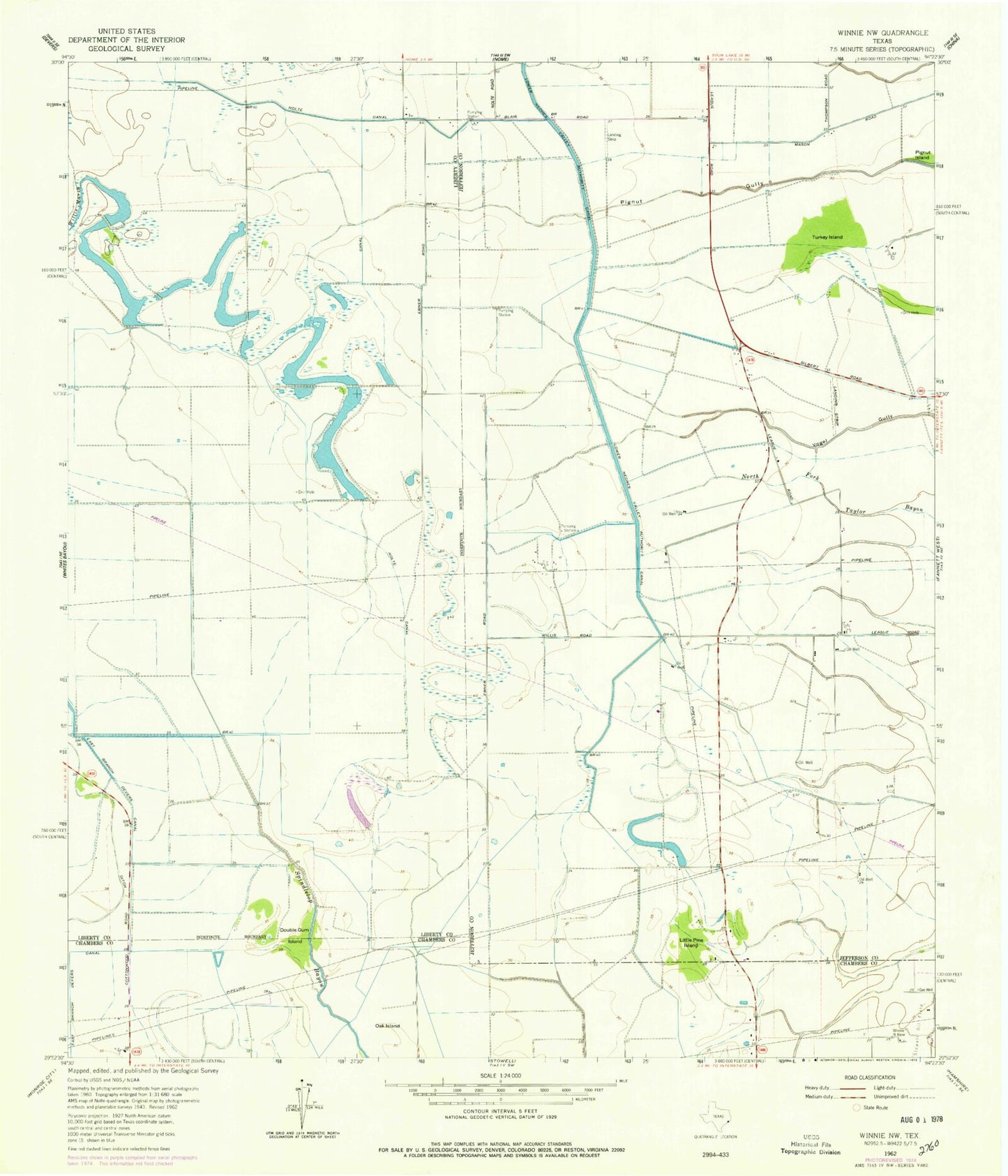 Classic USGS Winnie NW Texas 7.5'x7.5' Topo Map Image