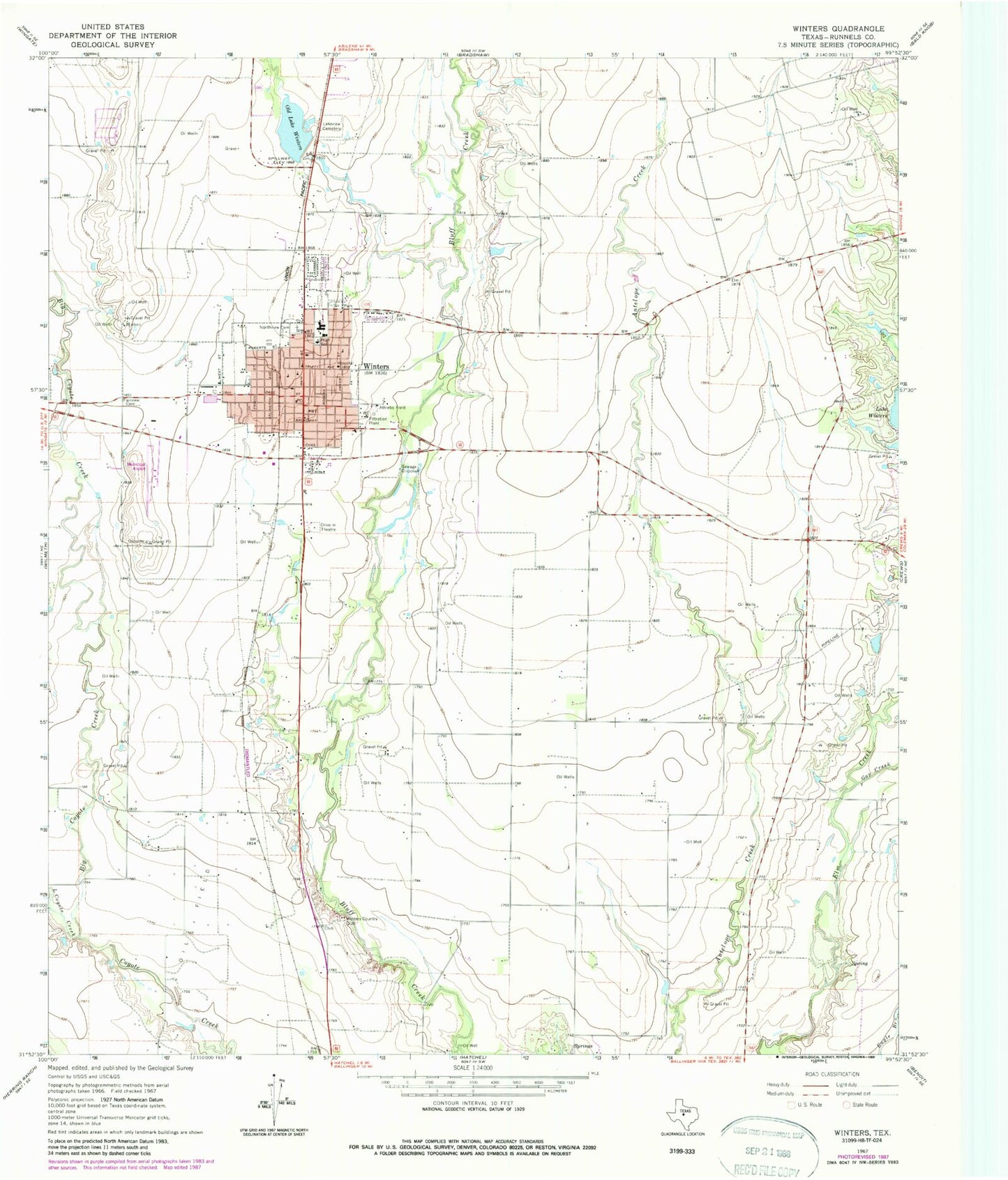Classic USGS Winters Texas 7.5'x7.5' Topo Map Image