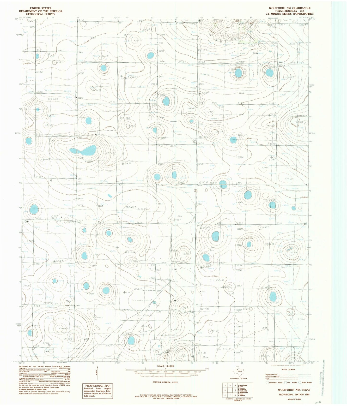 Classic USGS Wolfforth NW Texas 7.5'x7.5' Topo Map Image