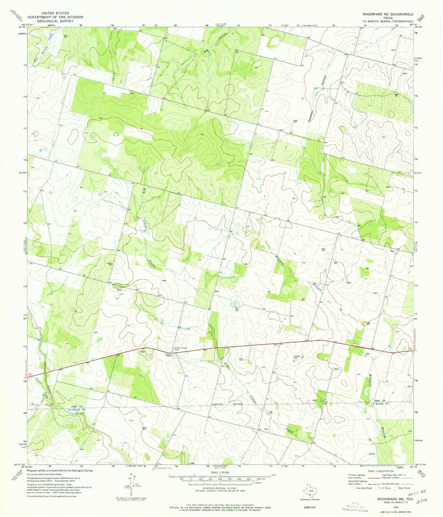 Classic USGS Woodward NE Texas 7.5'x7.5' Topo Map Image