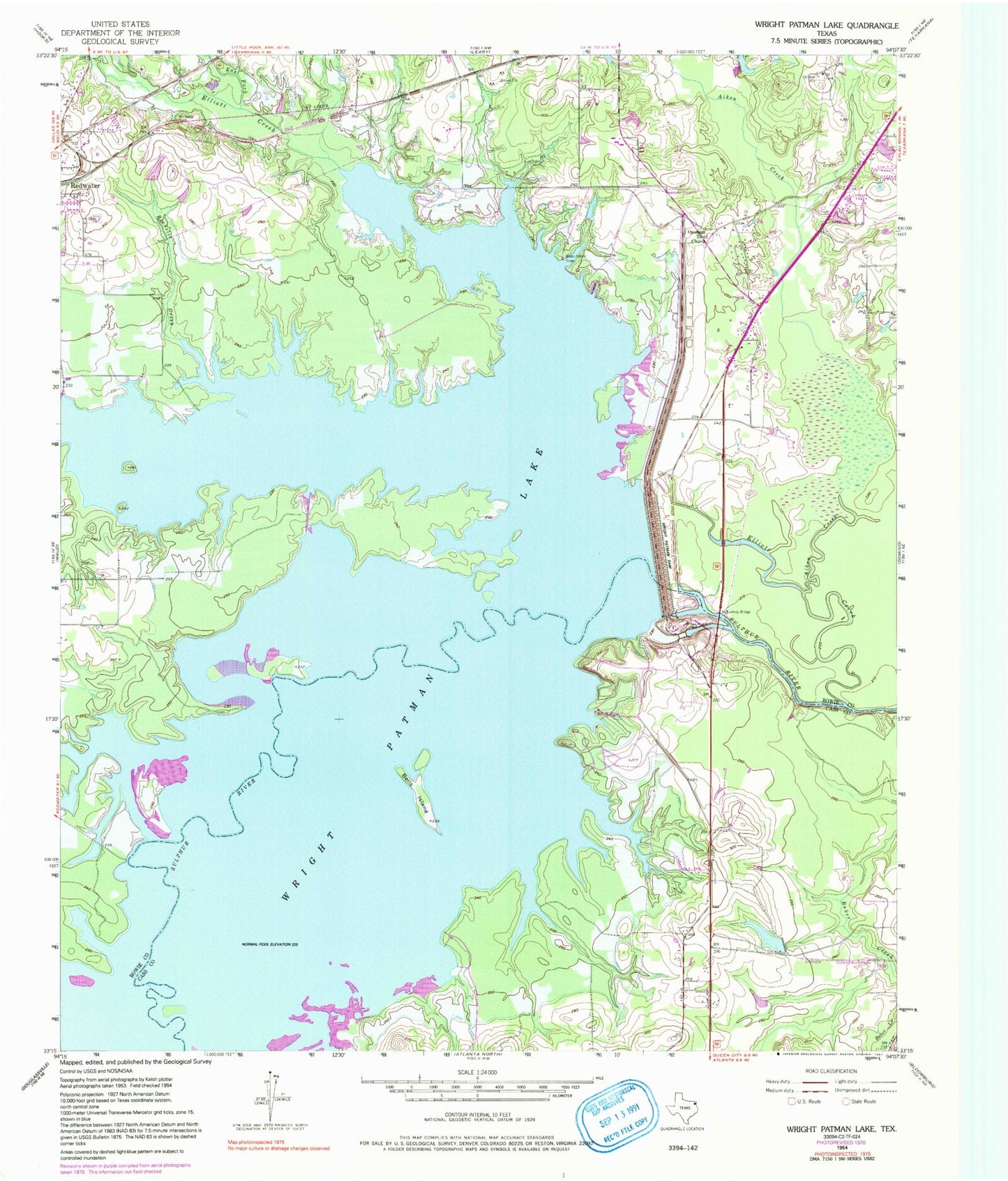 Classic USGS Wright Patman Lake Texas 7.5'x7.5' Topo Map Image