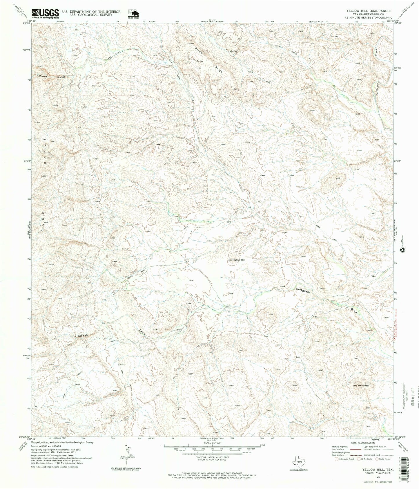 Classic USGS Yellow Hill Texas 7.5'x7.5' Topo Map Image